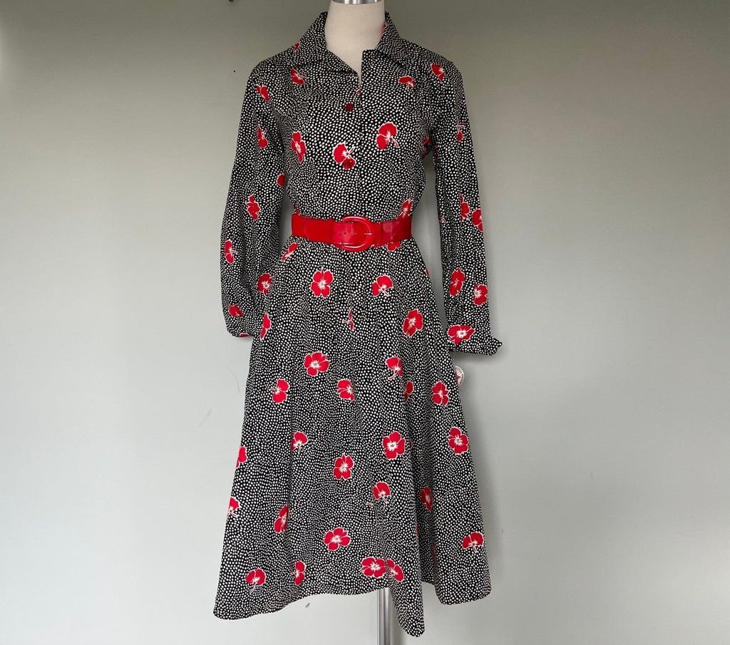 Vintage BNWT 1980s Deadstock Vintage Polka Dot Red Poppy Dress +Belt Size L / US 10 / IT 46 - 1 Thumbnail