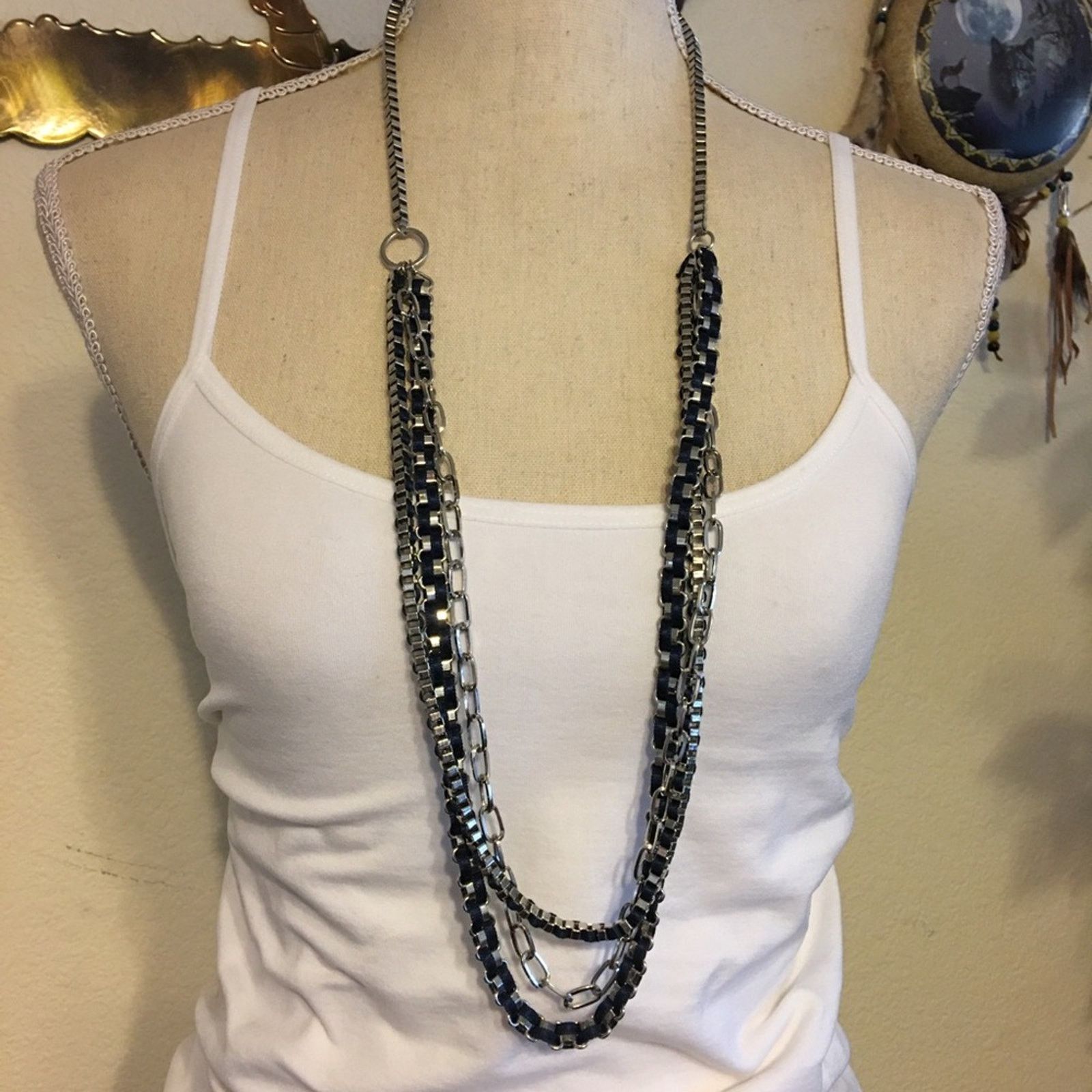 Jewelry Silver box link chain woven navy ribbon necklace Size ONE SIZE - 1 Thumbnail
