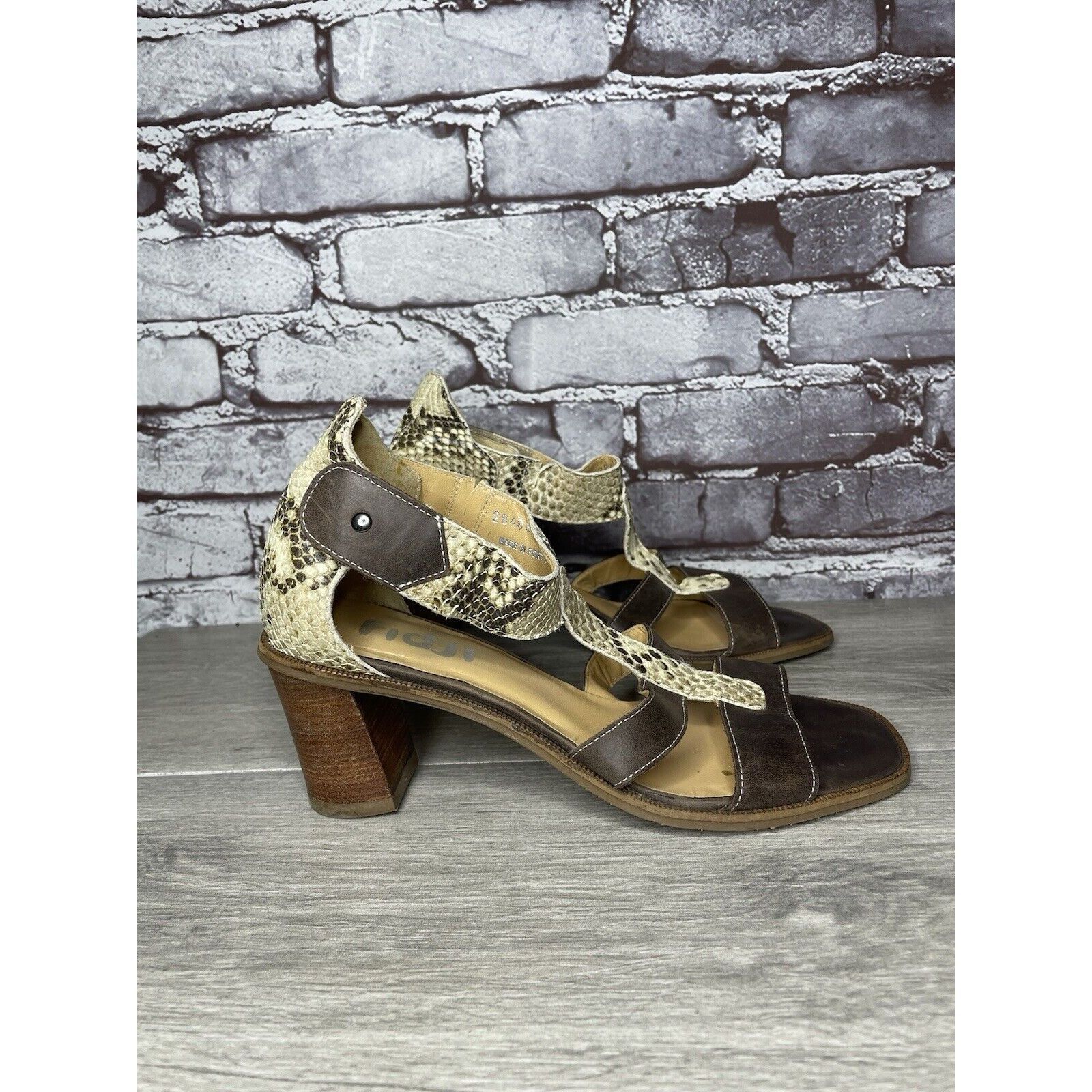 Fiji Fidji Ivory Leather Snake Skin Anke Strap Print Brown Heel S Size US 8 / IT 38 - 21 Thumbnail