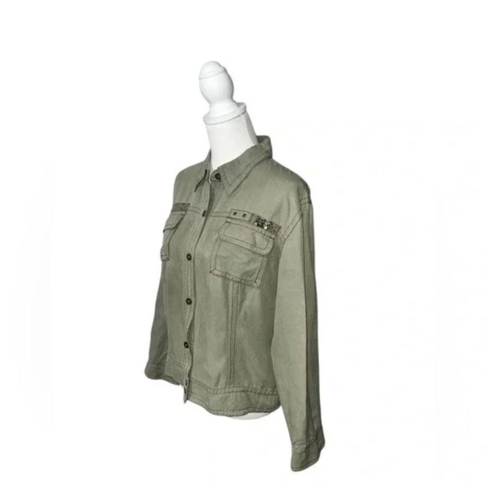 Chicos CHICOS Size Large Olive Green Short Bomber Jacket Linen Sil Size L / US 10 / IT 46 - 2 Thumbnail