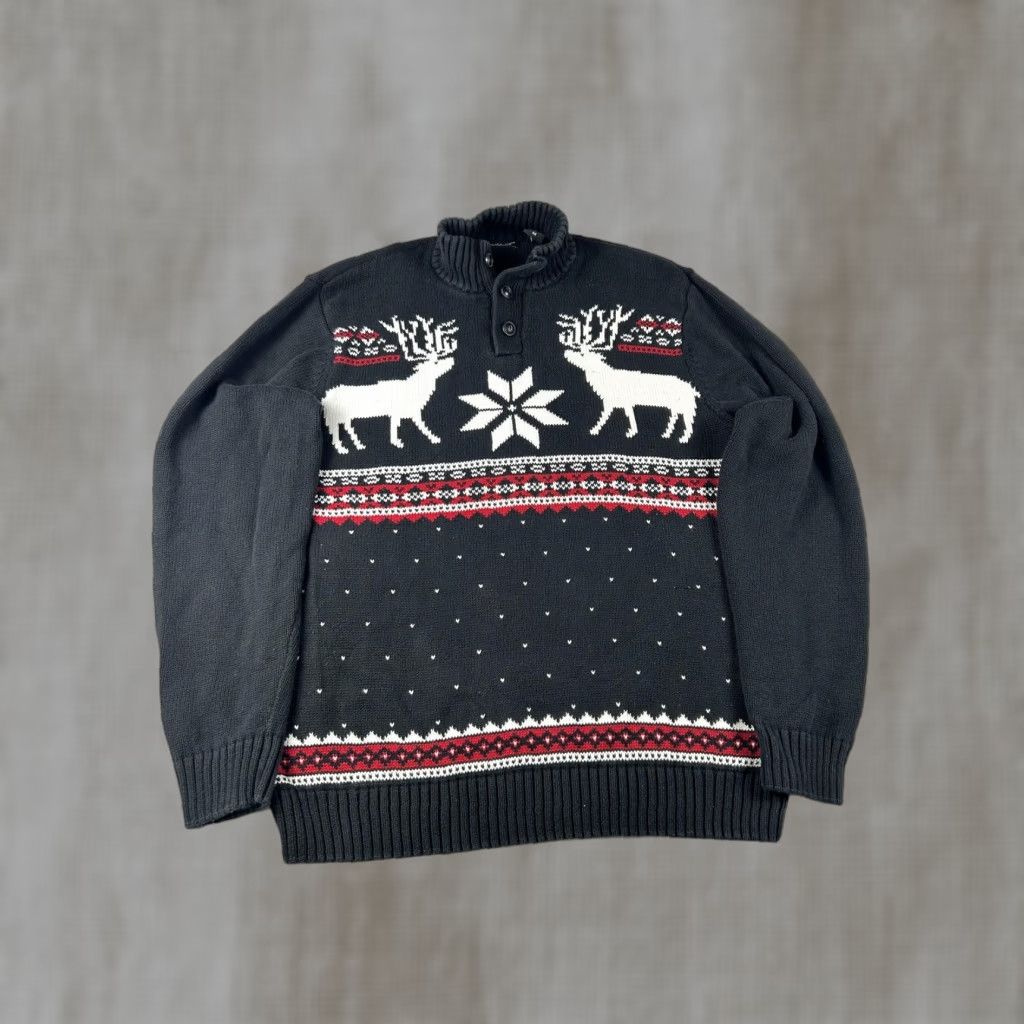 Chaps Chaps Sweater Men M Mock Neck Button Knit Fair Isle Reindeer Christmas Holiday Snow Pattern Black 100% Cotton Knit - Mens Medium Size US M / EU 48-50 / 2 - 1 Thumbnail