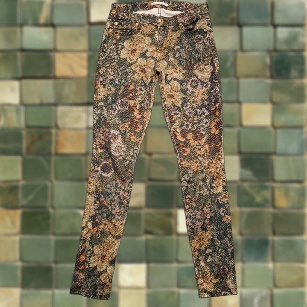 7 For All Mankind VINTAGE 7 For All Mankind Jeans Womens 24 Green Tapestry Print Skinny Stretch Pants Size 42" / US 20 - 1 Thumbnail