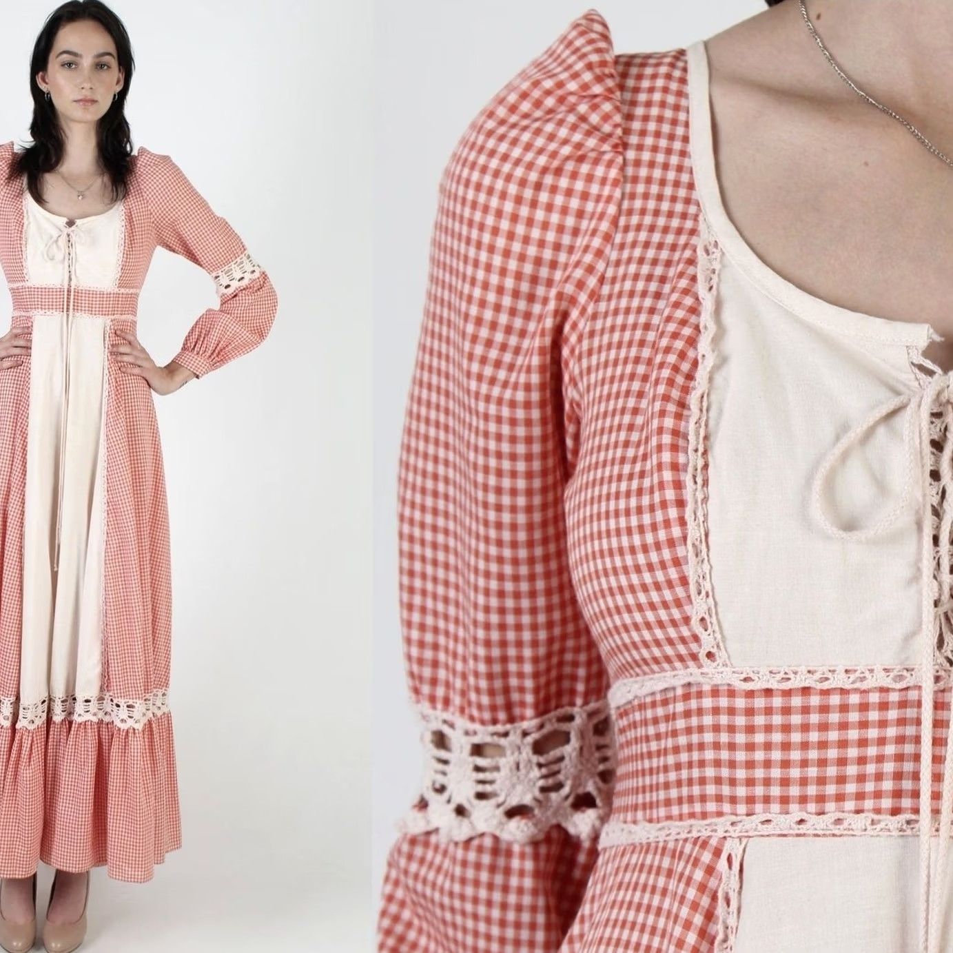 Vintage VINTAGE Gunne Sax Dress Womens S Long Pink Checkered Corset Prairie 70s Cottagecore Maxi Size S / US 4 / IT 40 - 2 Thumbnail