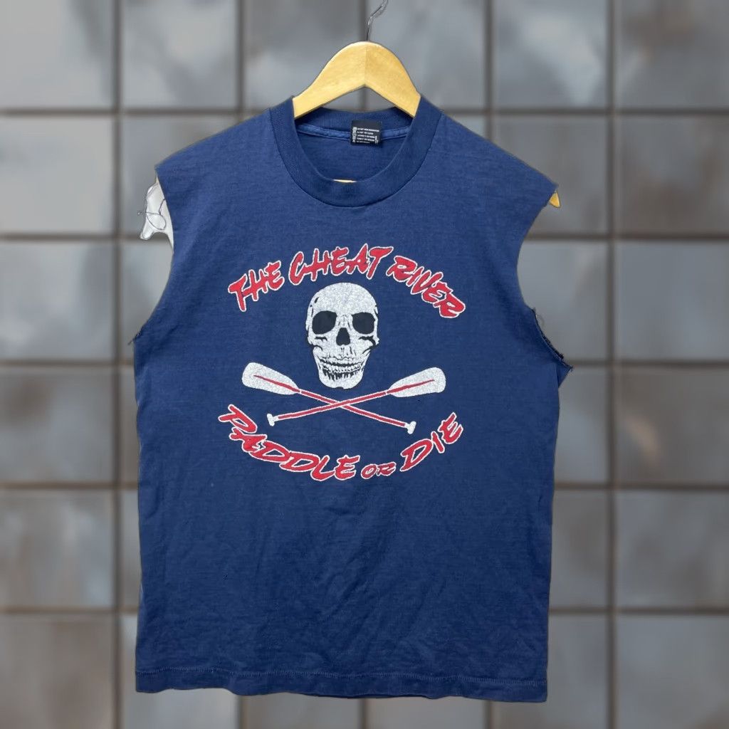 Fruit Of The Loom VINTAGE Skull Biker Sun Faded T-Shirt Large Sleeveless Men L Blue 90s Size US L / EU 52-54 / 3 - 1 Thumbnail