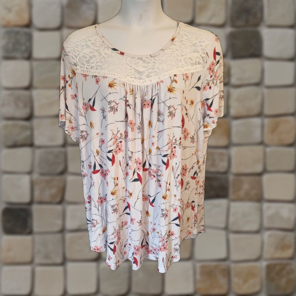 Vintage Taohuadao White Lace Trim Floral Print Short Sleeve Casual Top Shirt 4XL Size XXL / US 16-18 / IT 52-54 - 1 Thumbnail