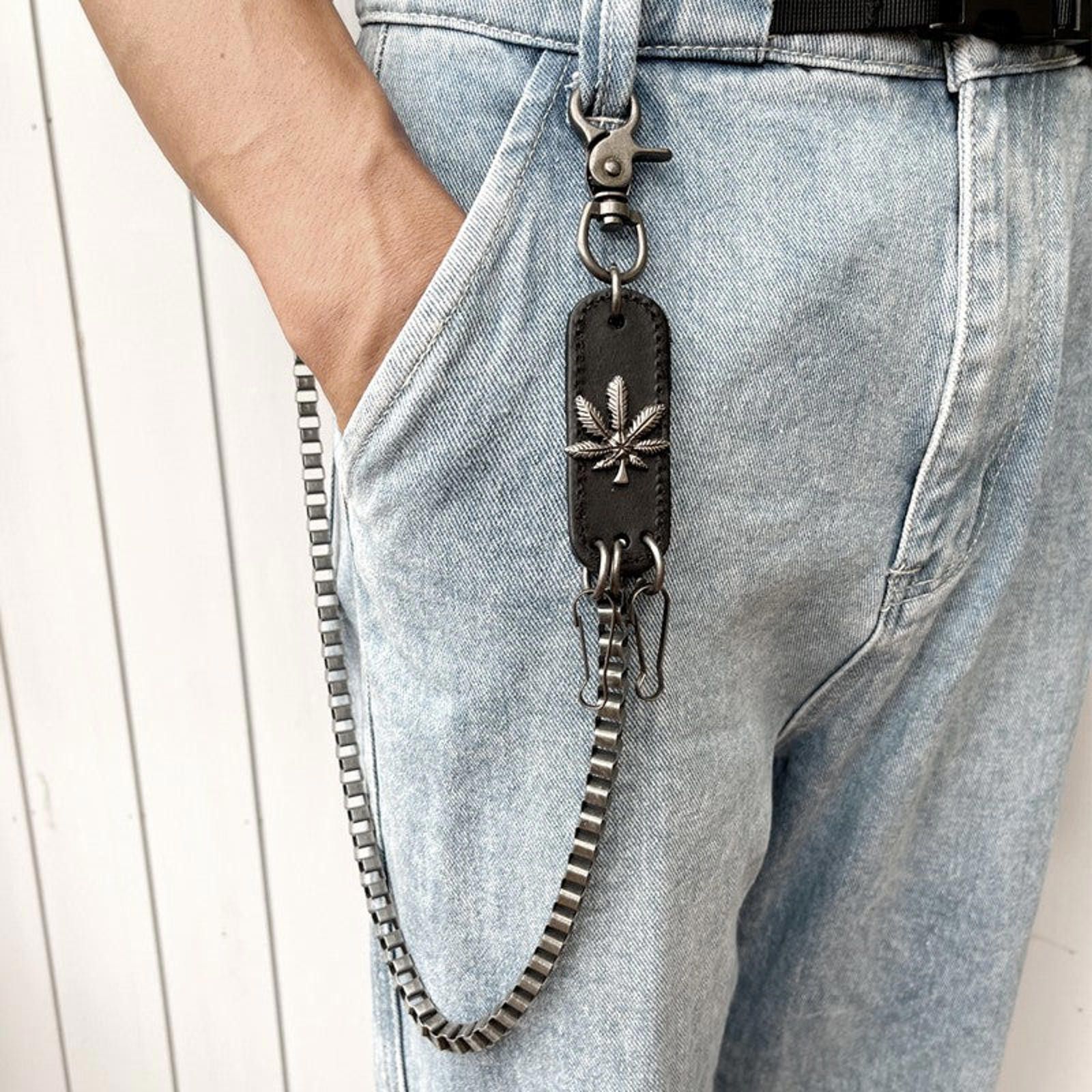 Jewelry Leaf Leather Patch Wallet Chain, Pants Chain in Silver, Men's