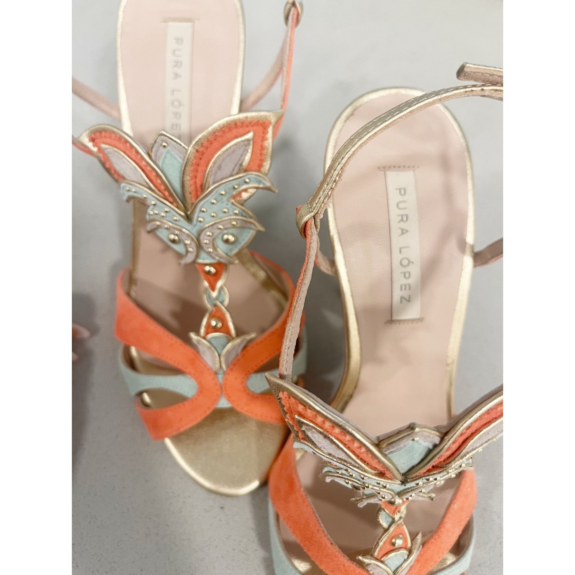 Other Pura Lopez Coral & Mint Leather & Suede Strappy Heels With G Size US 7.5 / IT 37.5 - 3 Thumbnail