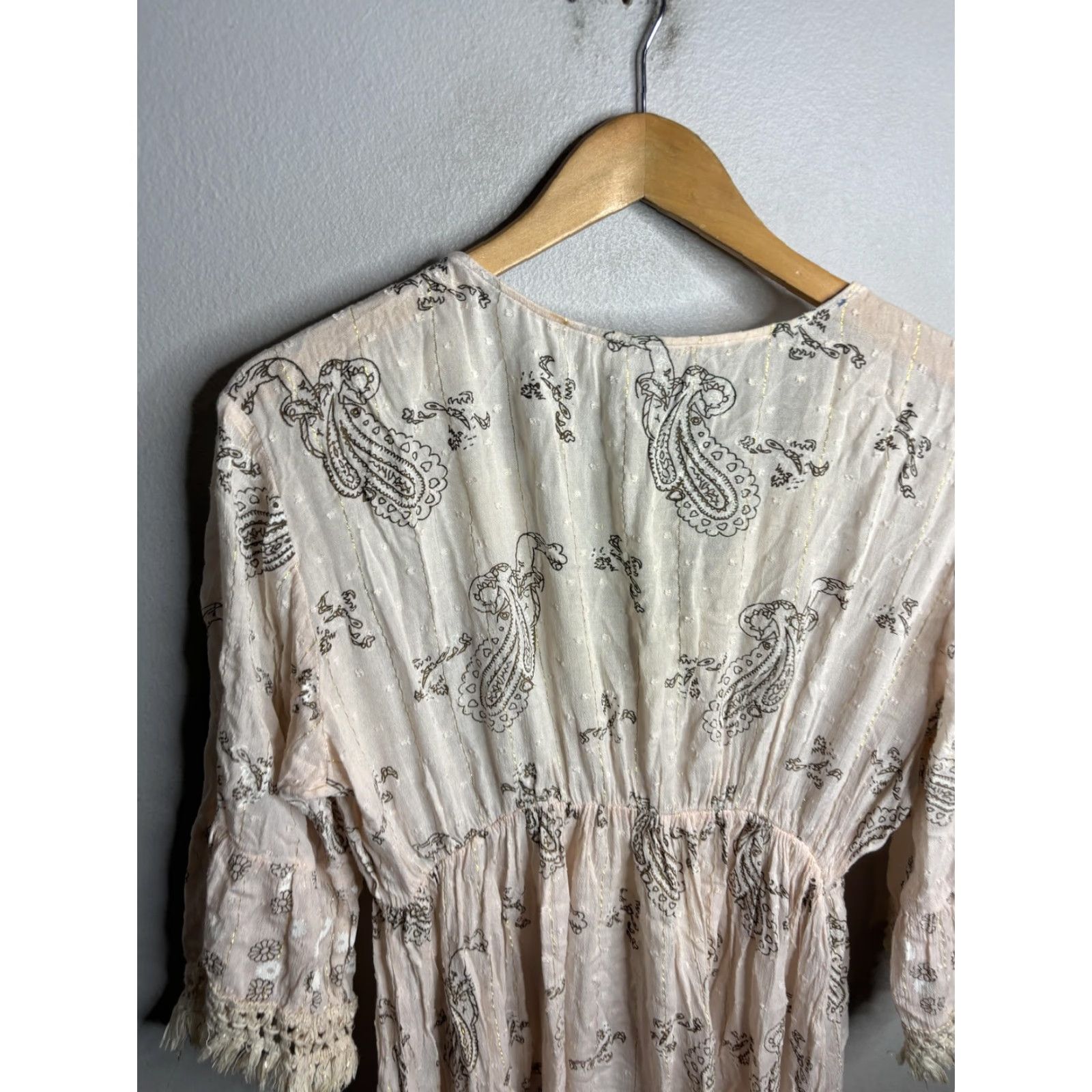 Vintage Zury Boho Dress Womens M Paisley V-Neck Tassel Trim 3/4 Sleeve Fringe Short dress Outdoors Casual Travel Ivory/Light Pink Bohemian 90s? Size M / US 6-8 / IT 42-44 - 5 Thumbnail