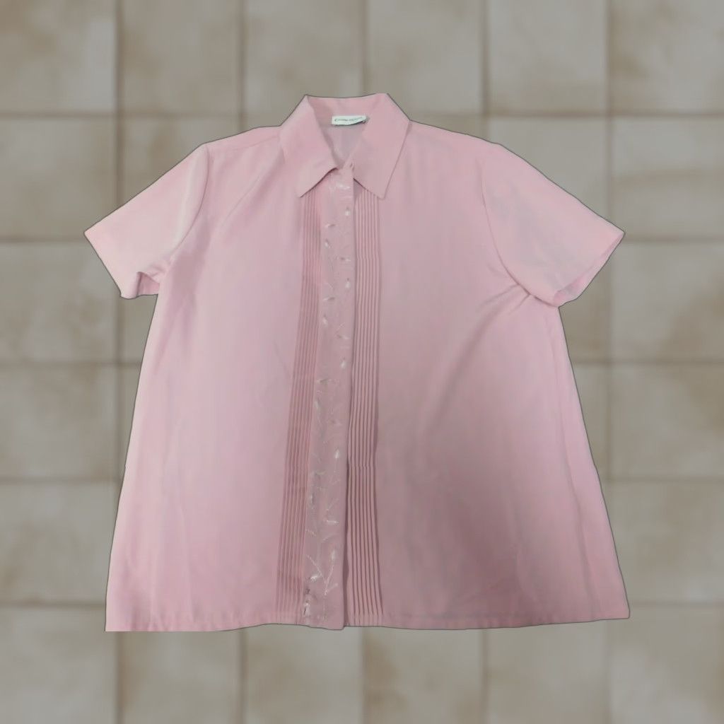 Vintage Claudia Richard Womens Button-Up Shirt Blouse 10 Pink Short Sleeve Collared Ruffle Casual Regular Basic Classic Size L / US 10 / IT 46 - 1 Thumbnail