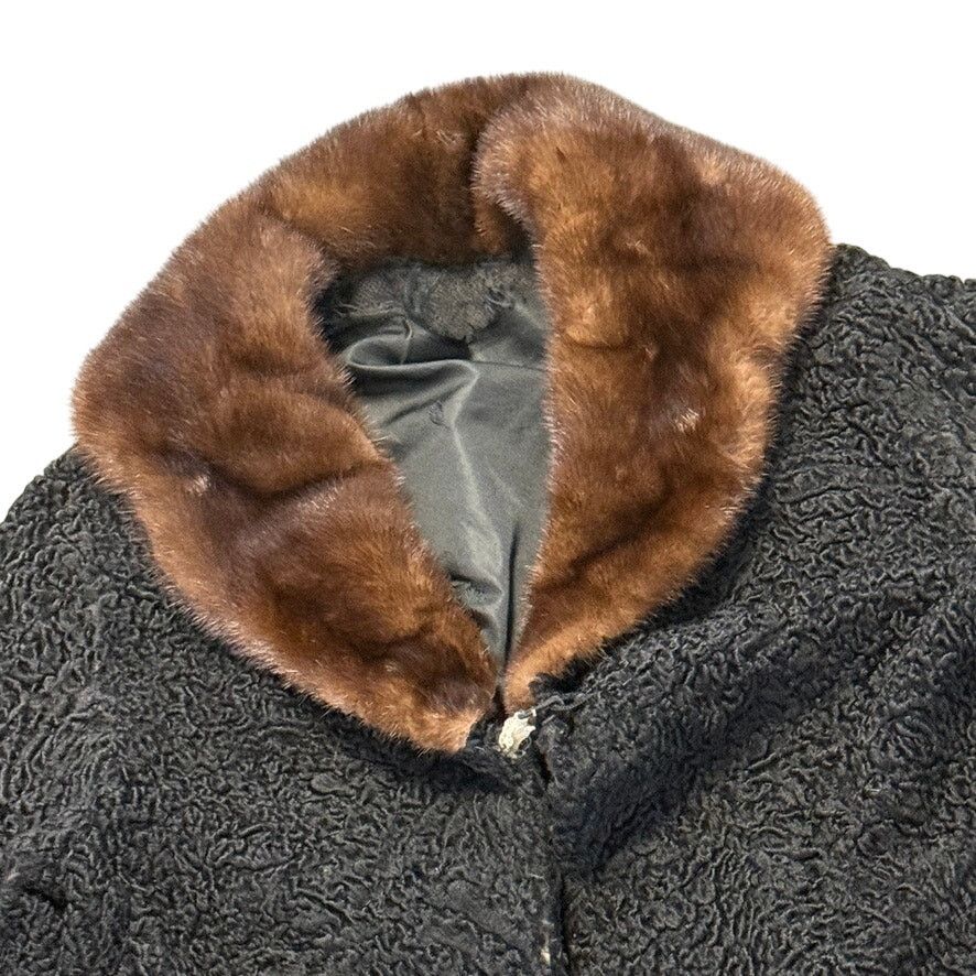 Vintage 50s Persian Lamb Mink Collar Coat Black Curly Lined Jacket M Size M / US 6-8 / IT 42-44 - 3 Thumbnail