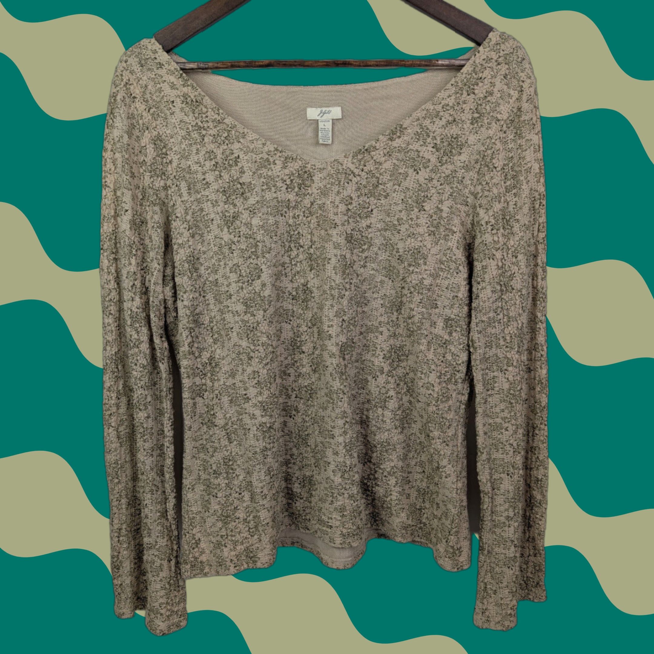 J. Jill J. Jill Blouse Shirt Womens Beige Floral Long Sleeve Round Neck L Regular Stretch Chiffon Lined Bell Sleeve Casual Modern Size L / US 10 / IT 46 - 1 Thumbnail