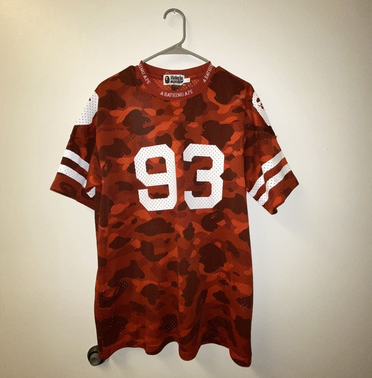 image of Bape Color Camo Mesh Football Wide Tee in Red, Men's (Size Large)