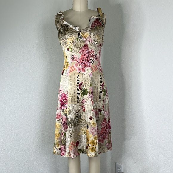 image of VTG John Galliano Gazette Newspaper Floral Dress Silk Italy in Cream, Women's (Size Medium)