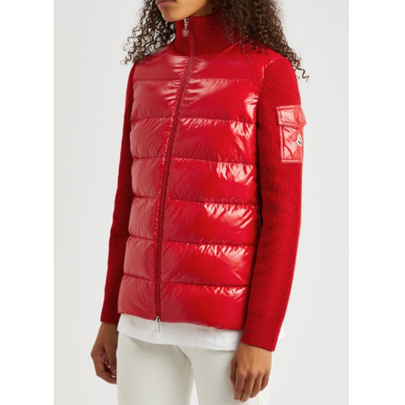 image of Moncler Women's Red Quilted Shell And Wool Cardigan S (Size Small)