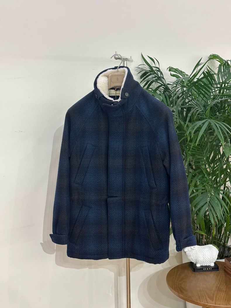 LORO PIANA Blue and black checkered cashmere coat