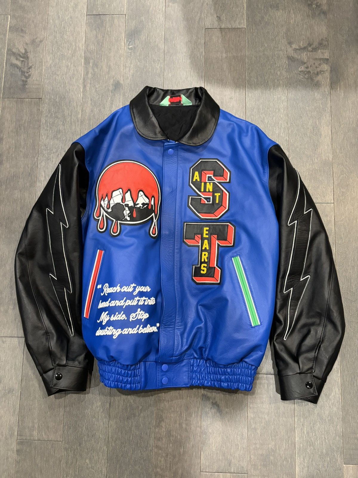 image of Denim Tears Leather Varsity Holy Grail Jacket in Blue, Men's (Size Large)