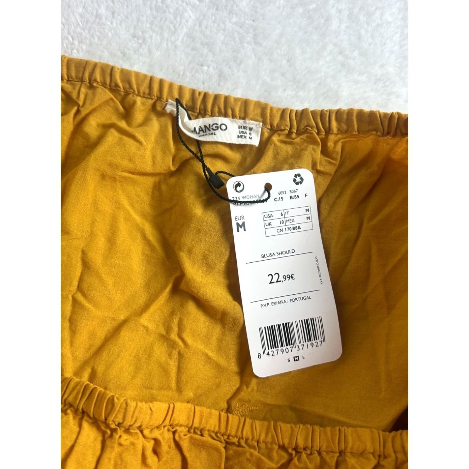 Mango Mango Blouse Eyelet Off-Shoulder Cotton Mustard Yellow 3/4 Sleeve Casual New Womens Medium XS? Size M / US 6-8 / IT 42-44 - 3 Thumbnail