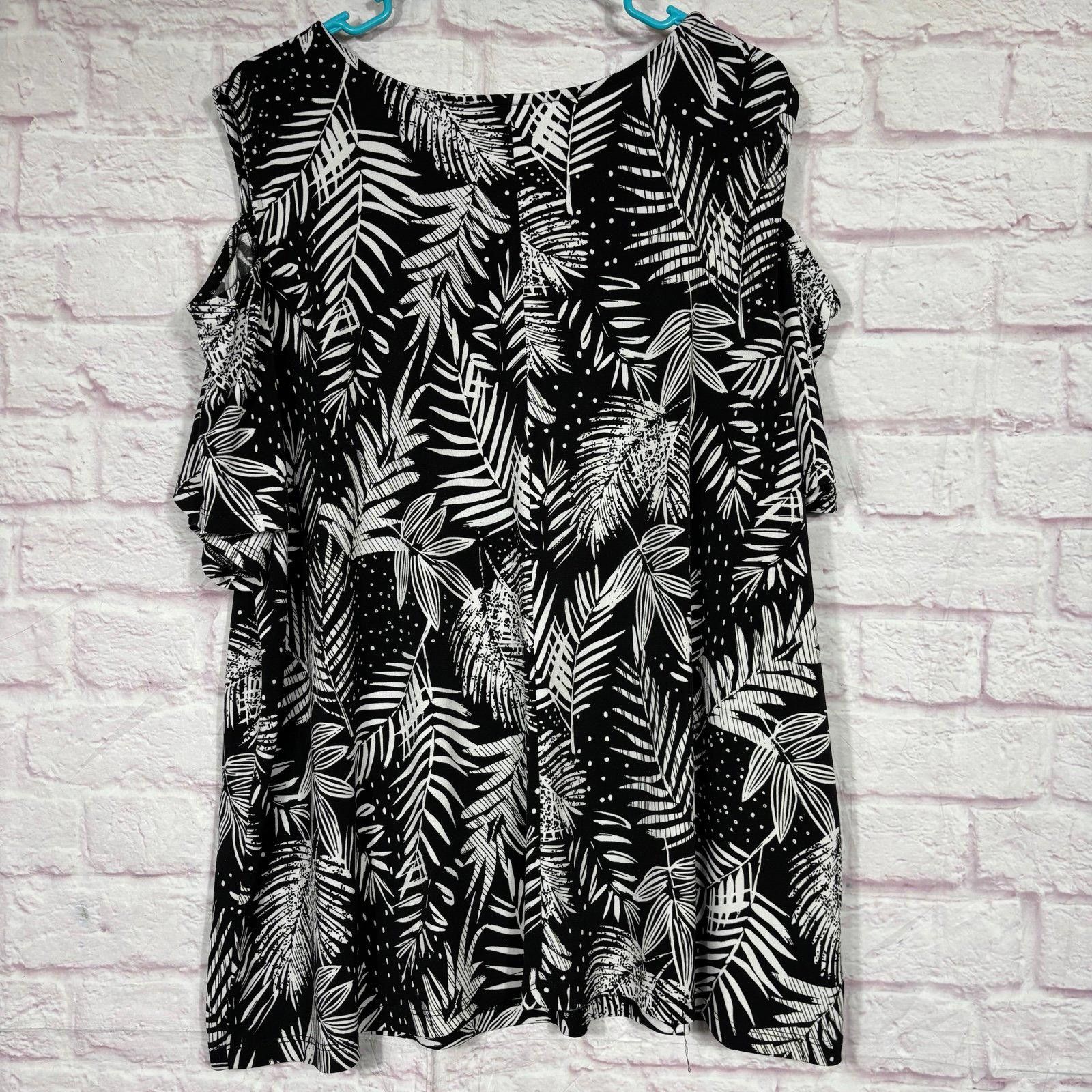Other Catherine's 2X Black White Leaf Print Cold Shoulder Blouse Size XXL / US 16-18 / IT 52-54 - 5 Thumbnail