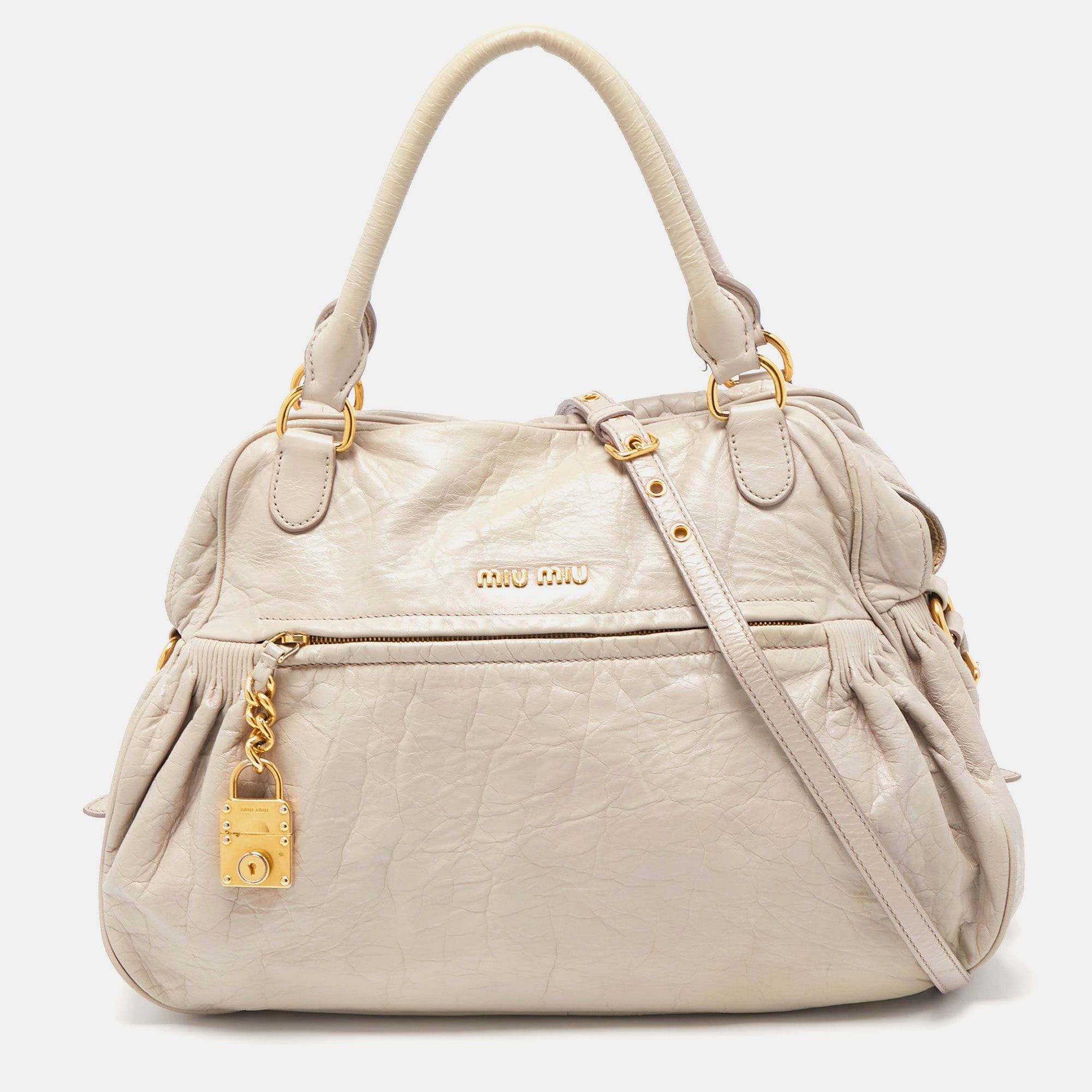 image of Miu Miu Grey Leather Lily Distressed Satchel, Women's