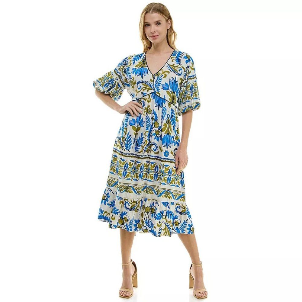 NWT New Figueroa & Flower Printed V-Neck Puff Sleeve Dress L