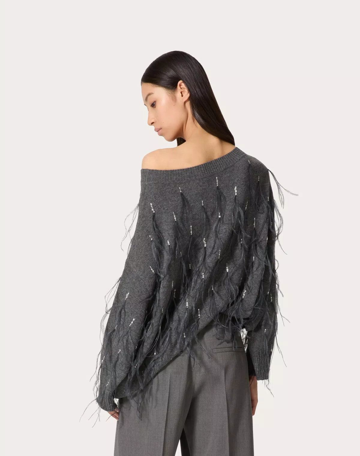 Valentino o1s1wg110426 Embroidered Wool Jumper With Feathers in Grey Size S / US 4 / IT 40 - 6 Thumbnail