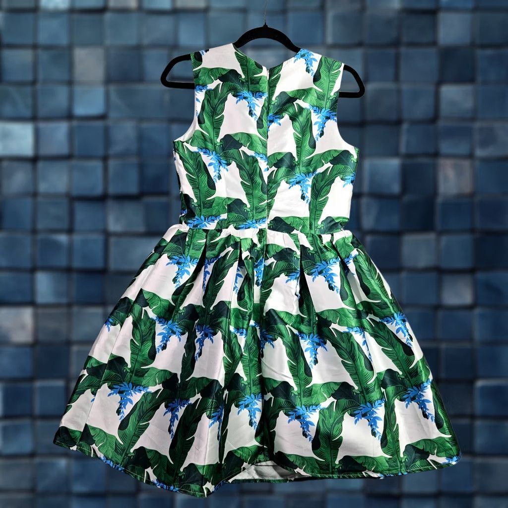 Vintage Blaque Label Dress New M Green Leaf Print Fit Flare Sleeveless Tropical Sz Size M / US 6-8 / IT 42-44 - 1 Thumbnail