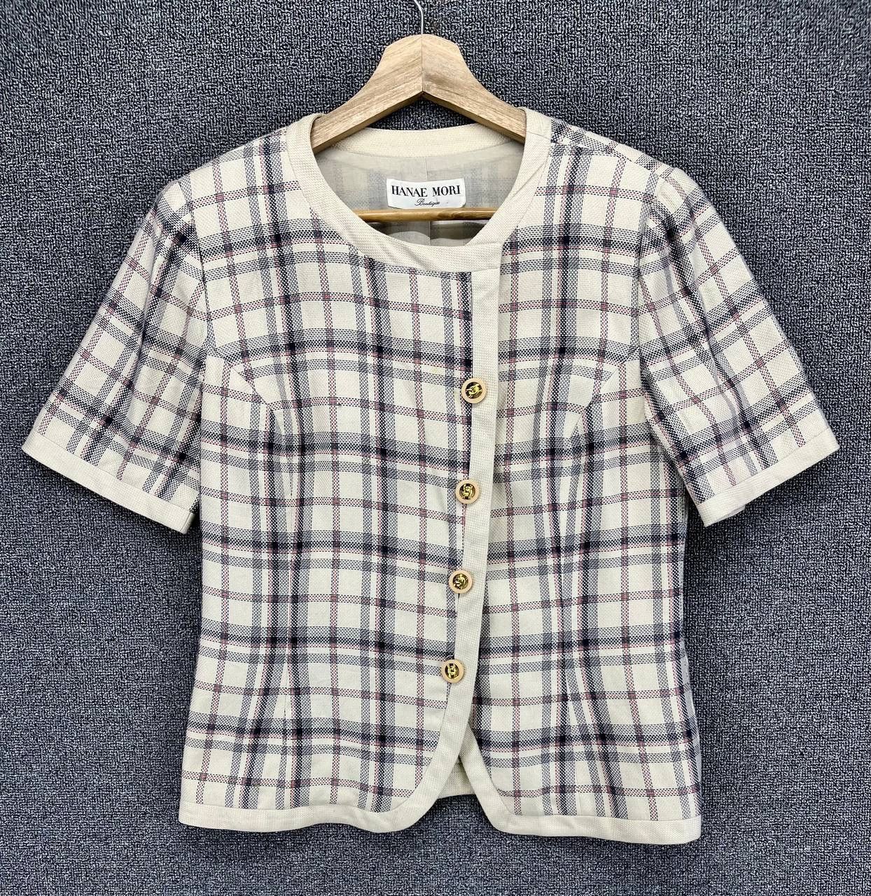 Hanae Mori Shadow Plaid Button Up Shirts Blouse Cardigan