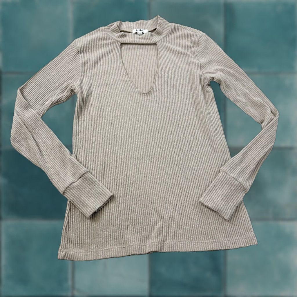 Vintage LNA Knit Top Women’s XS Beige Ribbed Keyhole Choker Neck Modal Blend Pullover Sweater Slim Long Sleeve Bardot Size XS / US 0-2 / IT 36-38 - 1 Thumbnail