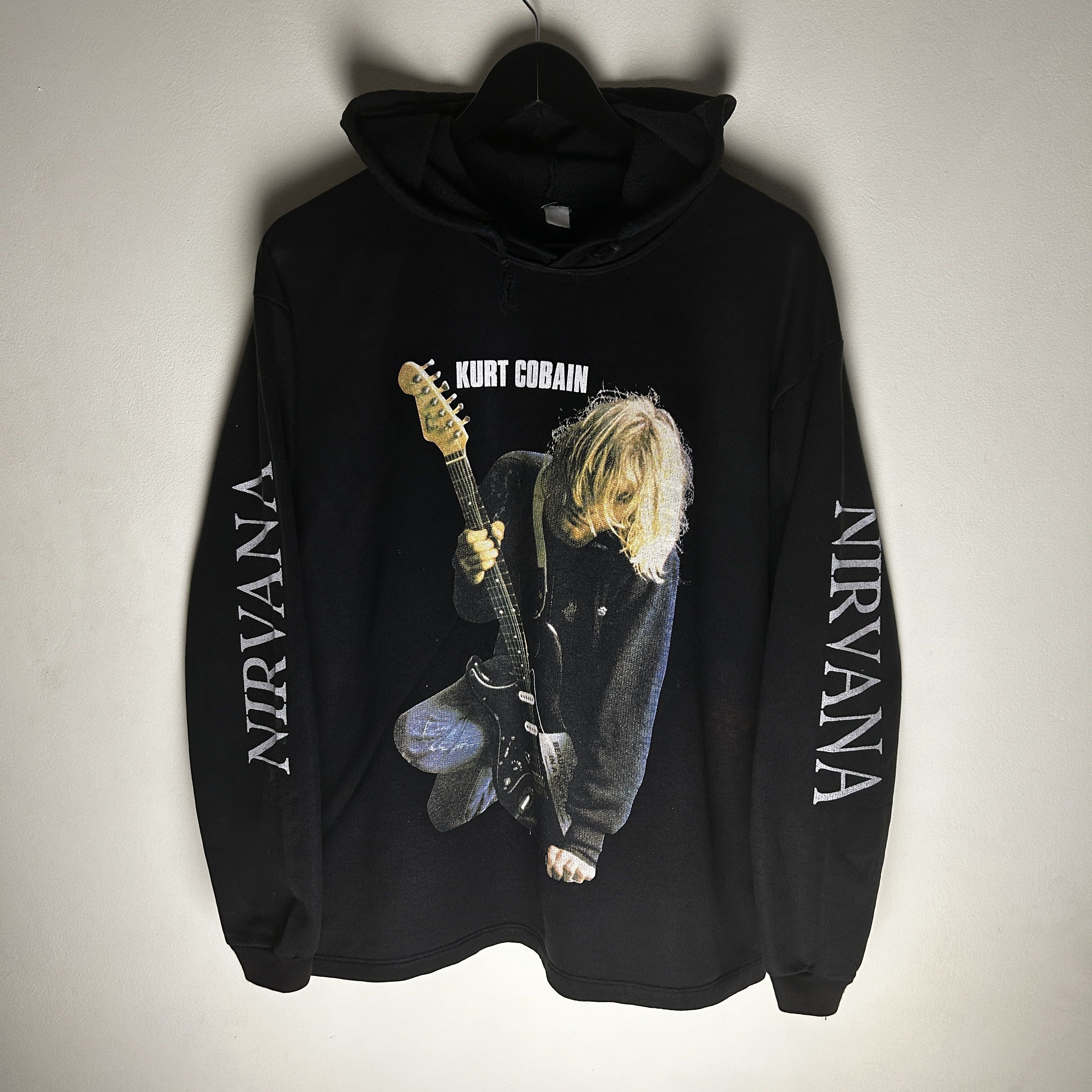 image of Band Tees x Nirvana Vintage Nirvana Kurt Cobain 90's Band Hoodie in Black, Men's (Size Large)