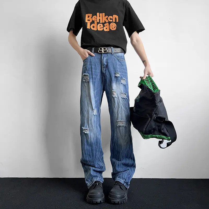 Japanese Brand Retro loose straight leg ripped jeans Size US 32 / EU 48 - 5 Thumbnail