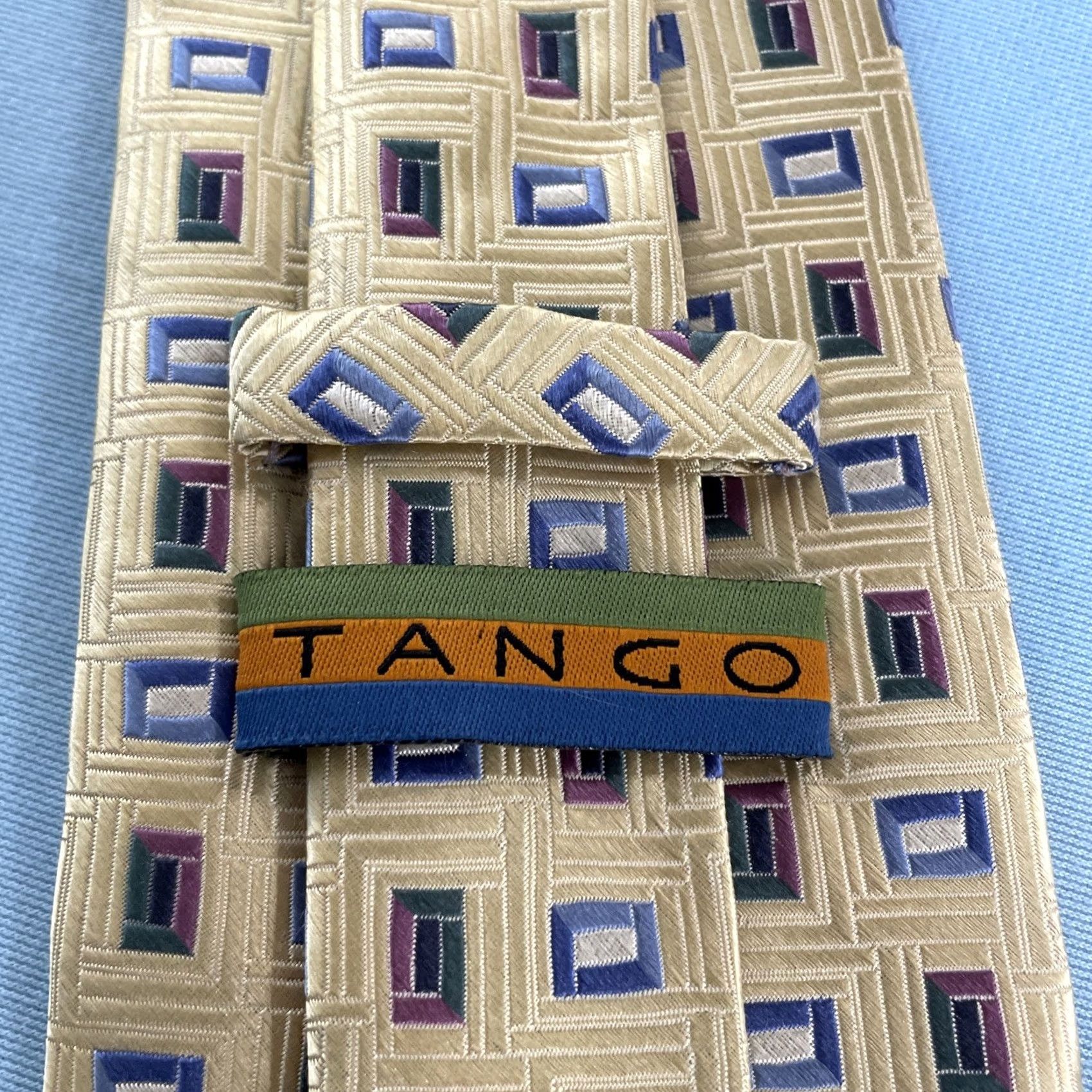 Vintage VINTAGE Tango Woven Silk Tie 61" Geometric Polka Dot Square Hand Made 4x61 Light Yellow Tie Mens 100% Silk Adjustble Some Wear Size ONE SIZE - 5 Thumbnail
