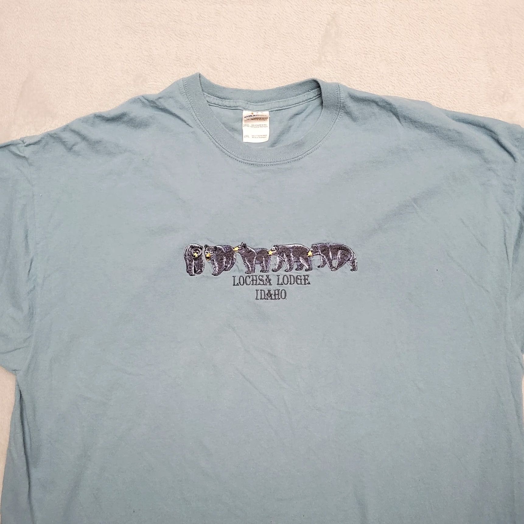 Gildan VINTAGE Lochsa Lodge Shirt Mens XXL Blue 100% Cotton Crewneck Embroidered Bears Shirt Men 2XL Blue 90s USA Western American Mens Size US XXL / EU 58 / 5 - 3 Thumbnail