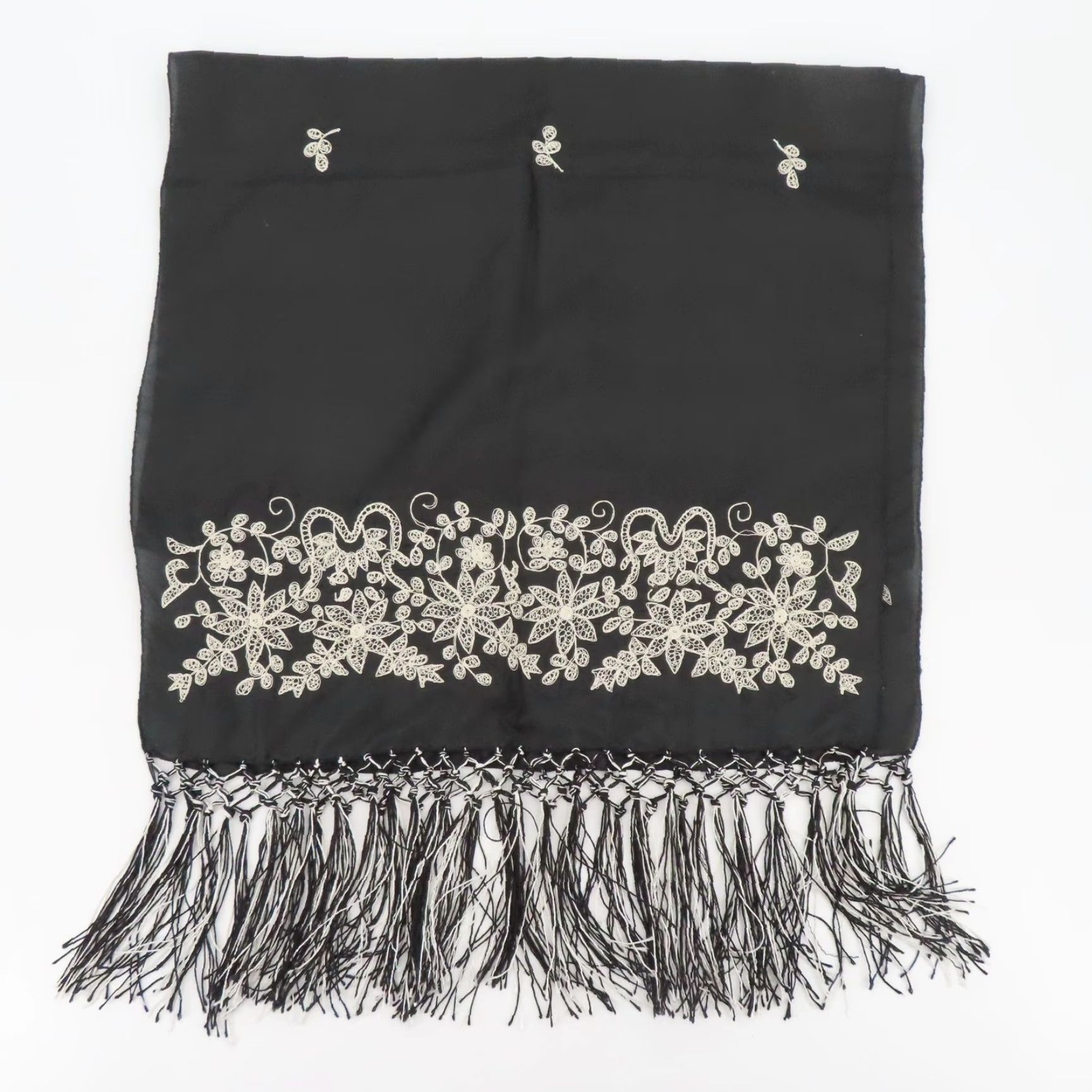 Vintage April Cornell Scarf Womens Silk Floral Embroidered Fringe Rectangle Black 71" 20.25" Multifunctional Vintage? No Size ONE SIZE - 6 Thumbnail