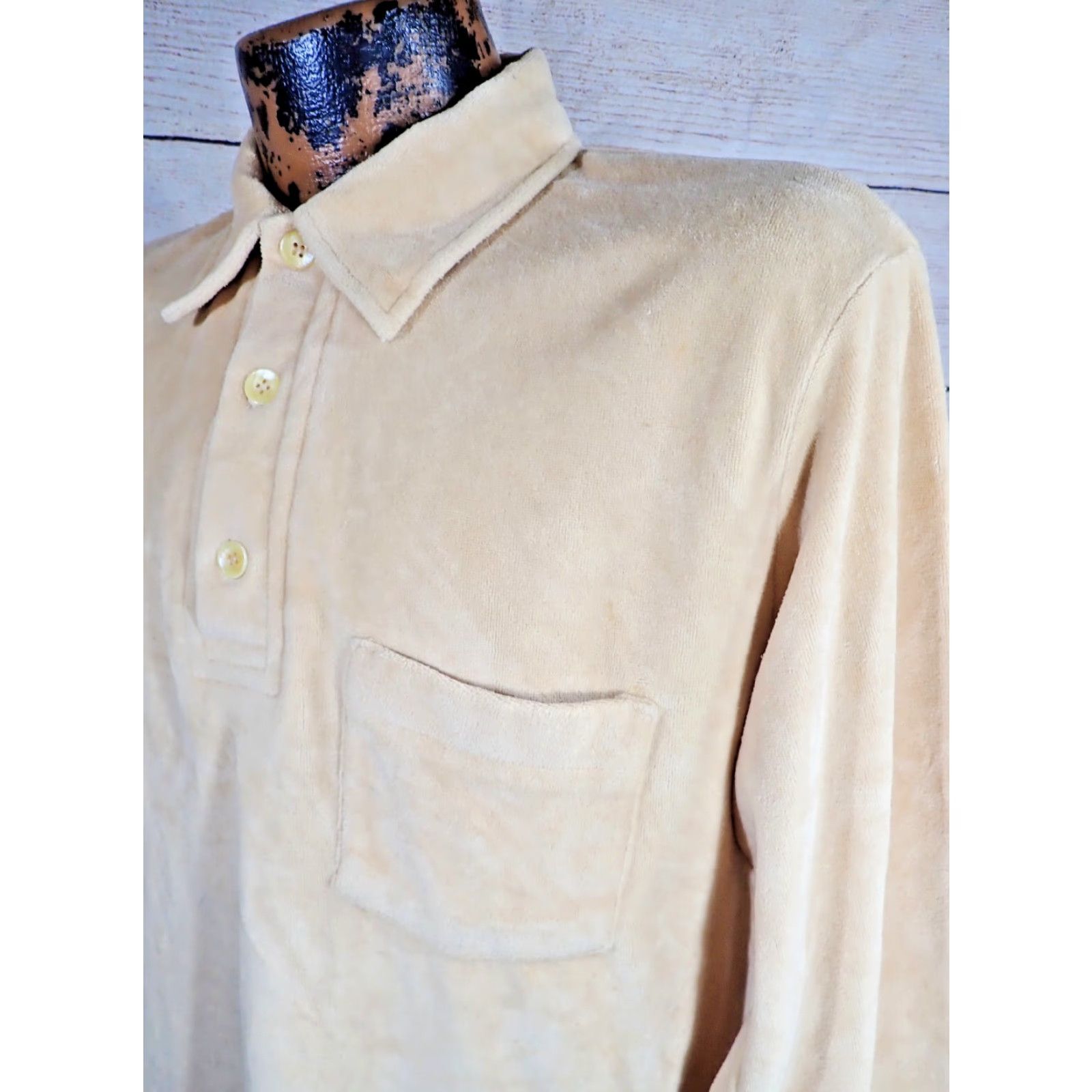 Velvet **VINTAGE L.S. Ayres 50s Long Sleeve Tan Velvet Pullover Shirt Adult Medium Rockabilly 1970s Mens** Size US M / EU 48-50 / 2 - 2 Thumbnail