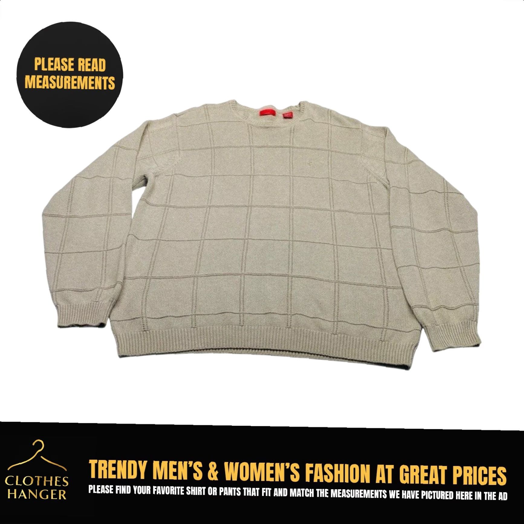 Izod IZOD Sweater Mens Large Knit 100% Cotton Beige Crew Neck Long Sleeve Pullover - Beautiful Knit Squares 8033 Size US L / EU 52-54 / 3 - 2 Thumbnail
