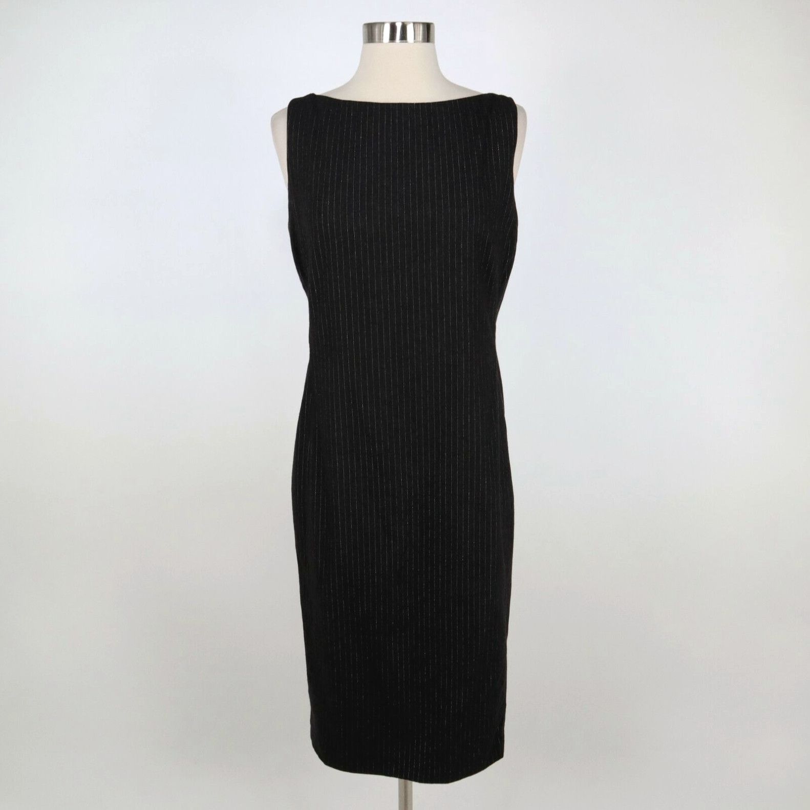 image of Ralph Laurent Sheath Dress Midi Wool Womens 6 Gray Lurex Pinstripe Black Label in White (Size Mediu