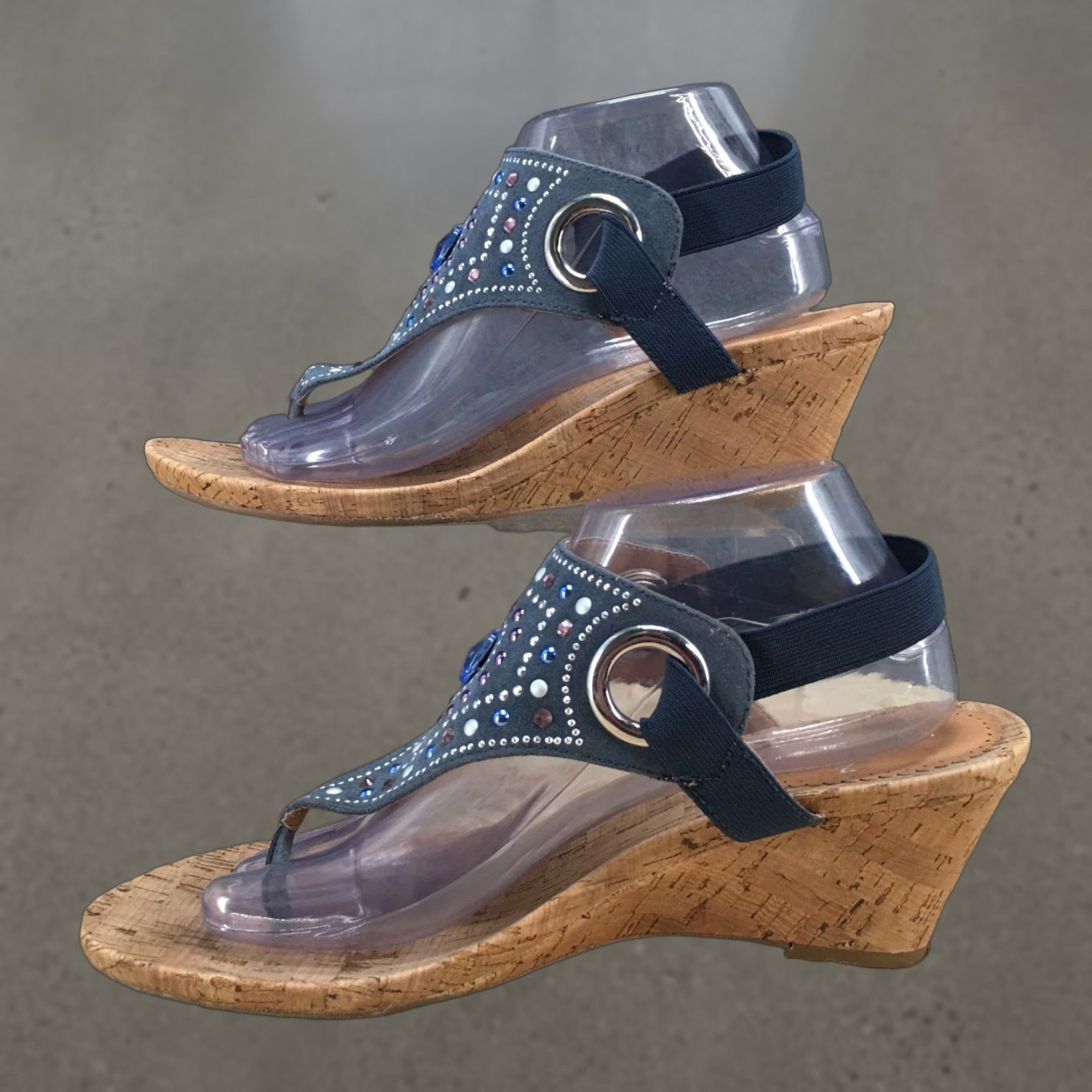 Vintage White Mountain Sandals Adeline Thong Womens 10M Blue Fabric Studded Wedge W24611 Size US 8 / IT 38 - 1 Thumbnail