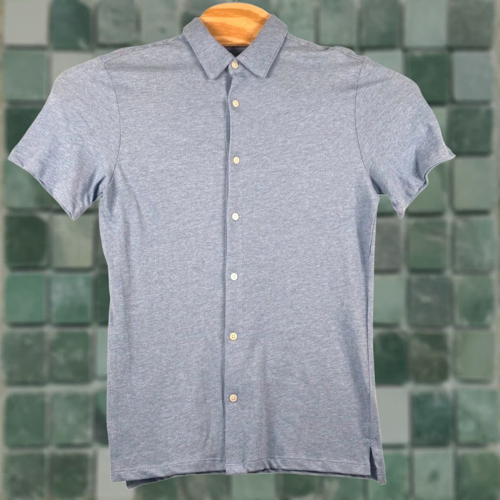 Vintage Falls Creek Mens S Button Up Shirt Blue Herringbone No Tuck Casual Short Sleeve 100% Cotton Button-Down Mascot? Size US S / EU 44-46 / 1 - 1 Thumbnail