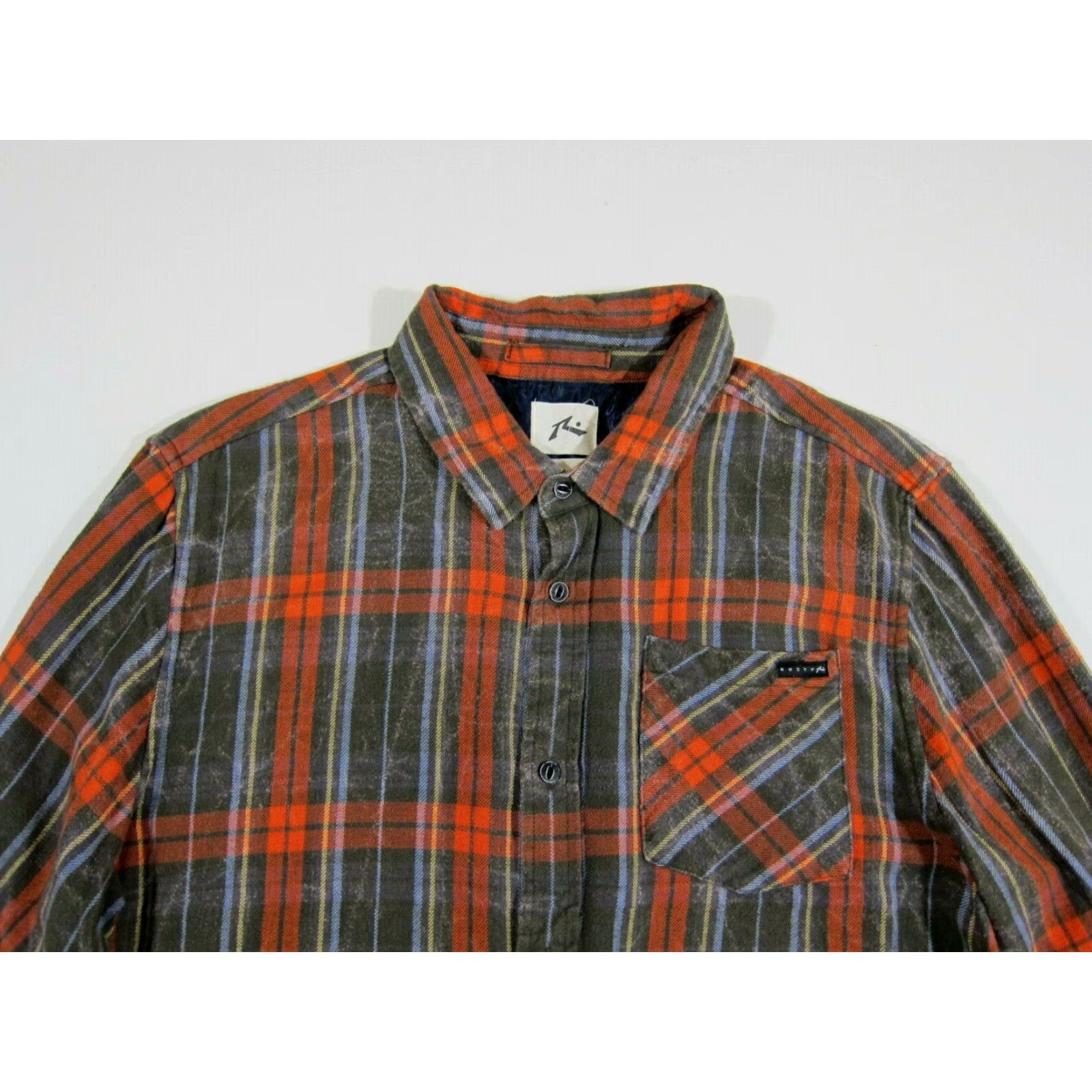 Rusty Rusty Shirt Button-Down Plaid Long Sleeve 100% Cotton Men M Green Orange Blue Collection Pocket Size US M / EU 48-50 / 2 - 4 Thumbnail