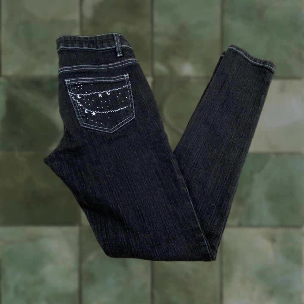 Vintage Murraga Exotica Womens Skinny Jeans 5 Junior Black Denim Stars Moons Embroidery Size 27" / US 4 / IT 40 - 1 Thumbnail