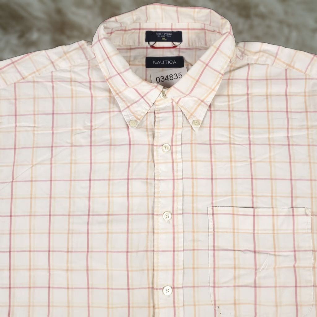 Nautica Nautica Shirt Mens XL Beige Red Check Button-Up Short Sleeve Casual Office Wear 100% Cotton Adult Mens Size US XL / EU 56 / 4 - 1 Thumbnail