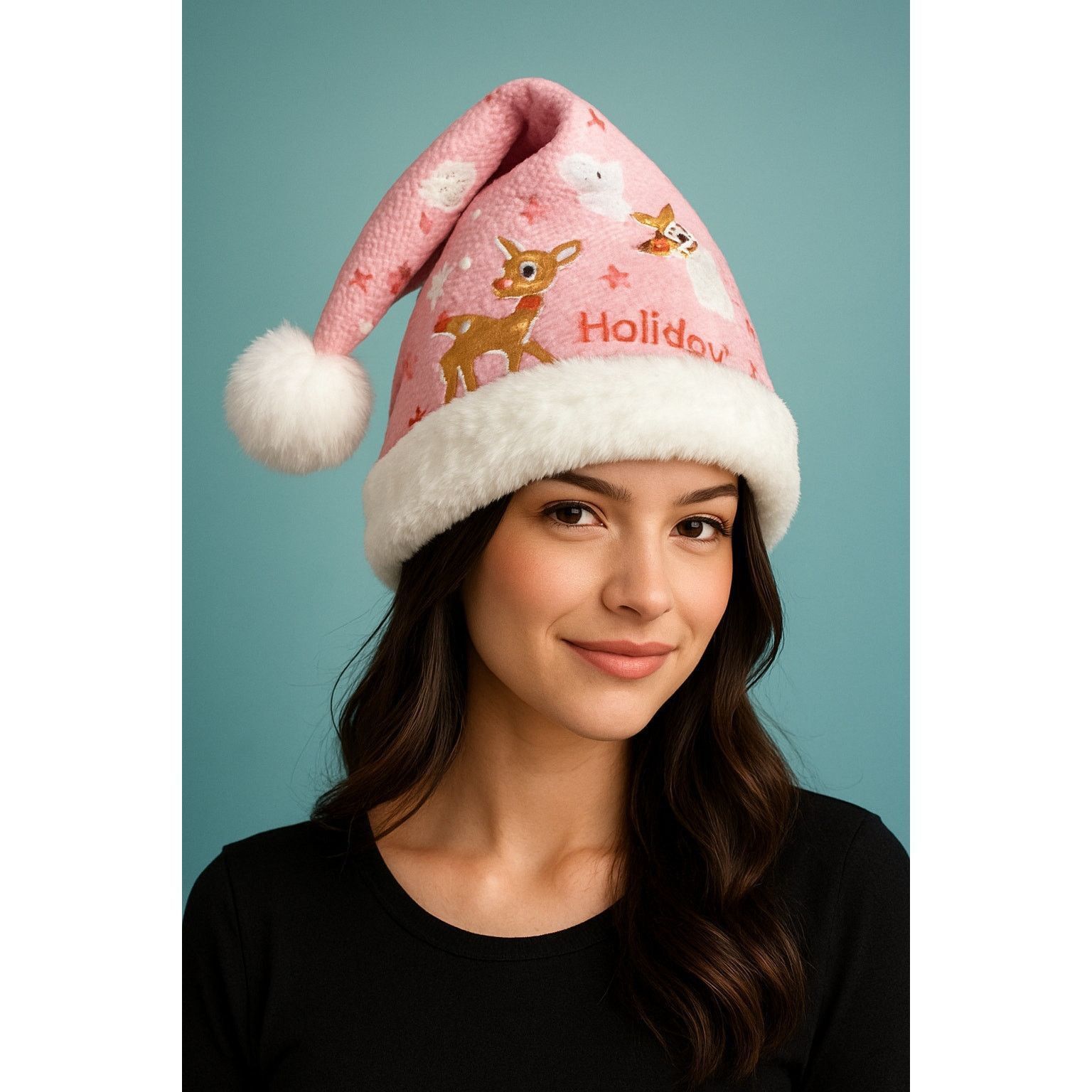 Handmade Upcycled Pink Rudolph Santa Hat OSFM Size ONE SIZE - 1 Thumbnail