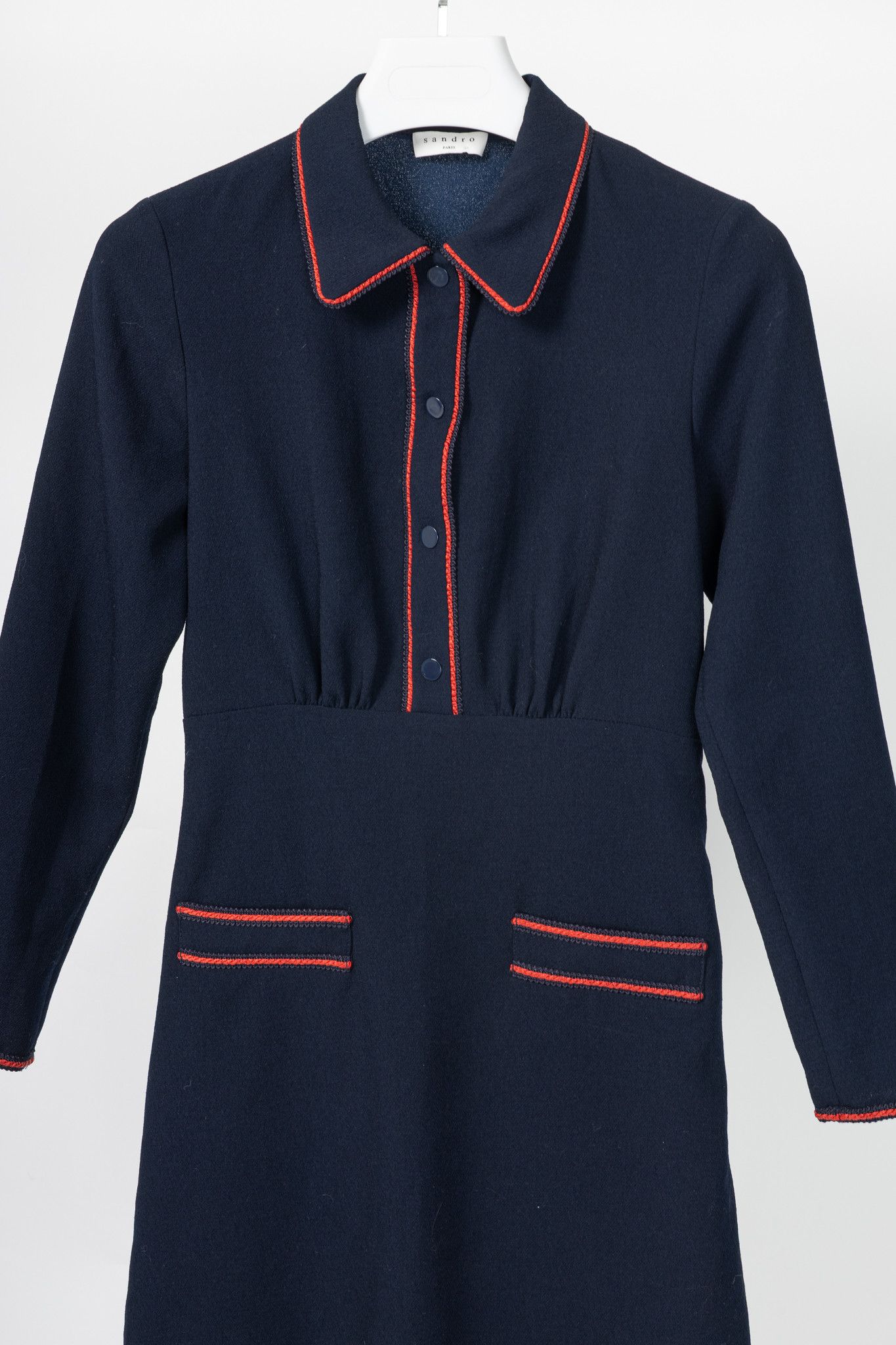 Sandro Sandro Navy Blue Textured-Crepe Braid-Trim Mini Dress Size S / US 4 / IT 40 - 3 Thumbnail