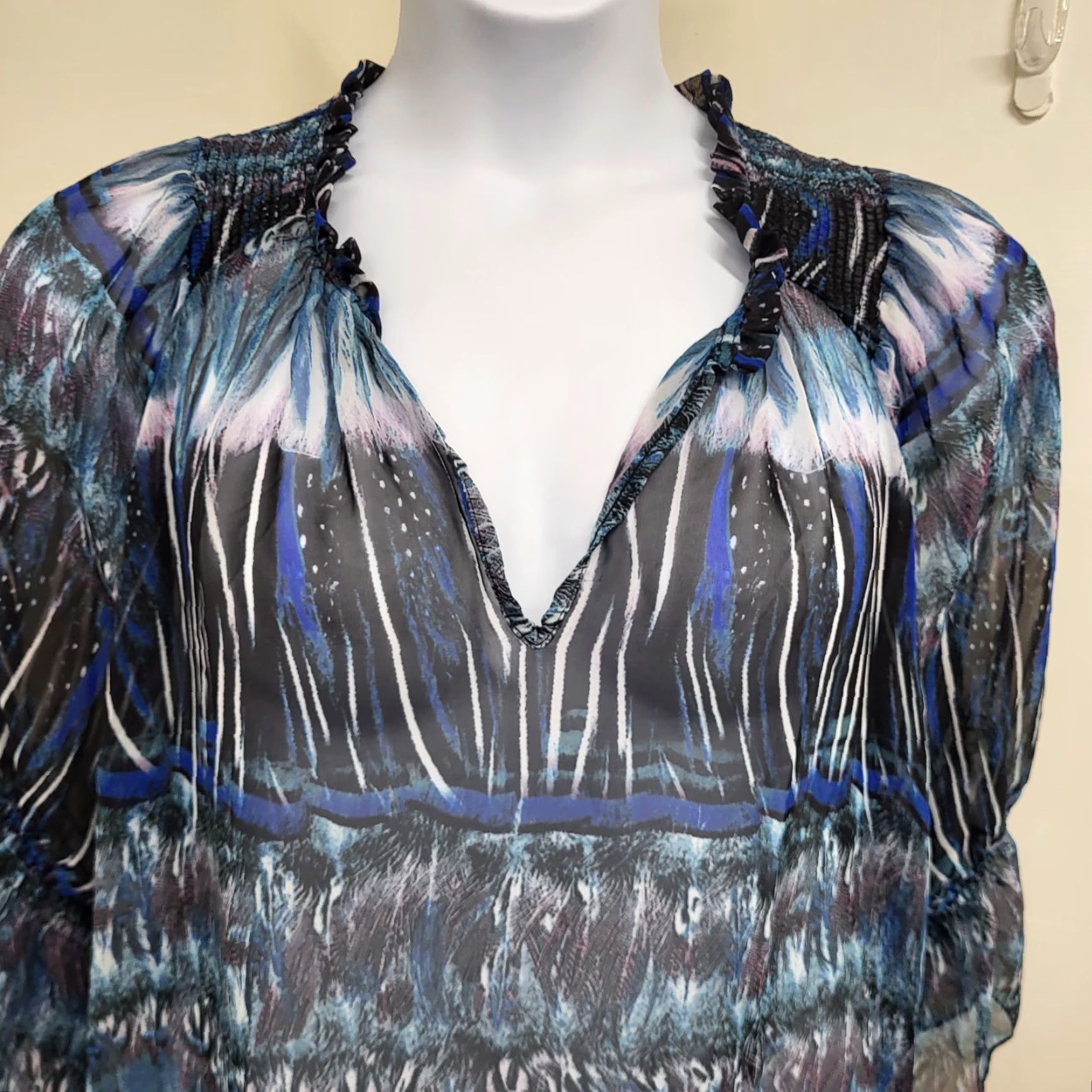 Mango Urban Mango Shirt Women's 2X Blue Multicolor Boho Abstract Sheer Blouse Size XXL / US 16-18 / IT 52-54 - 3 Thumbnail