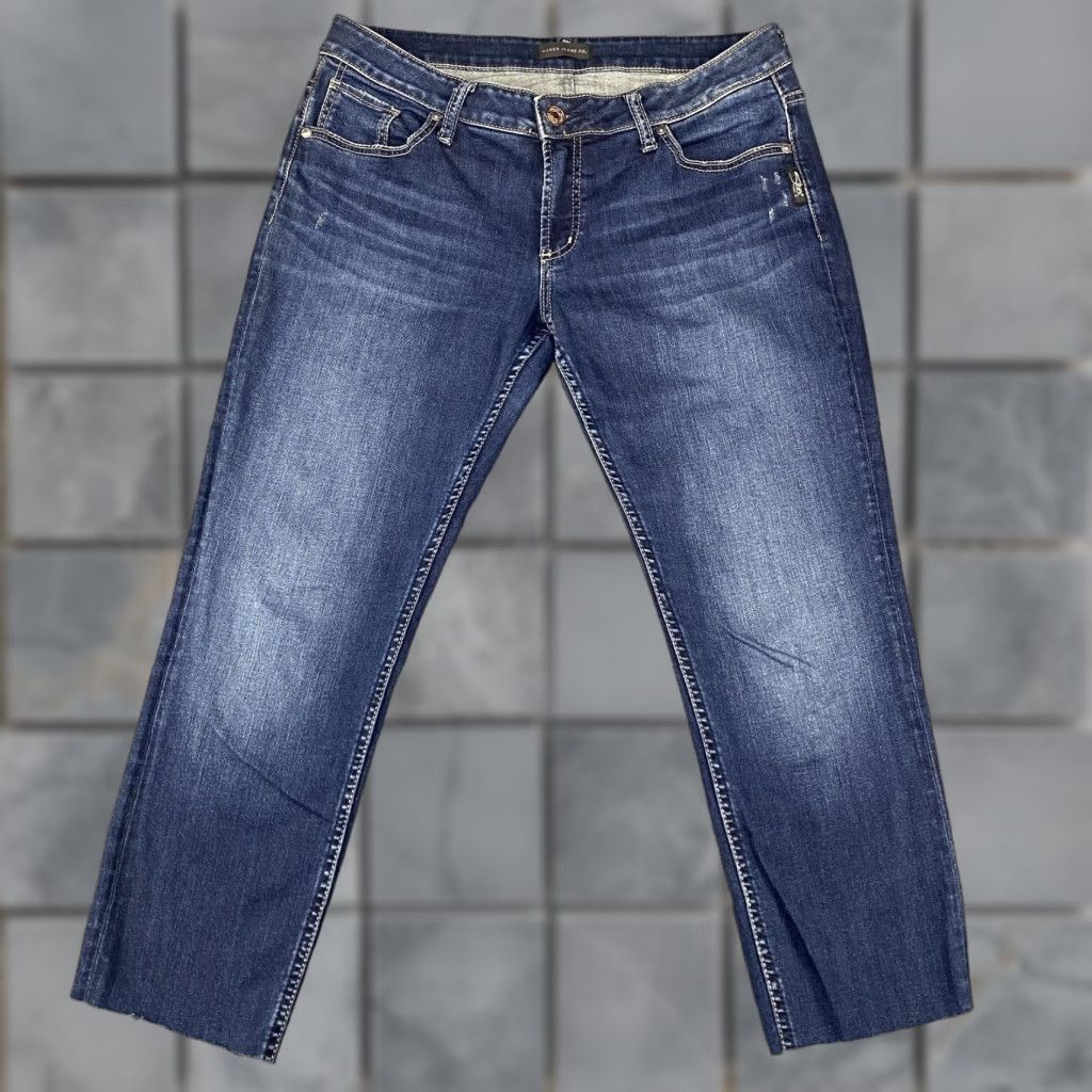 Silver Jeans Co. Silver Jeans Co Jeans Womens 33 Blue Slim Straight Ankle Cropped Distressed Raw Hem Embroidered Pockets Zipper Fly Womens Jeans Size 24" / US 00 / IT 34 - 1 Thumbnail
