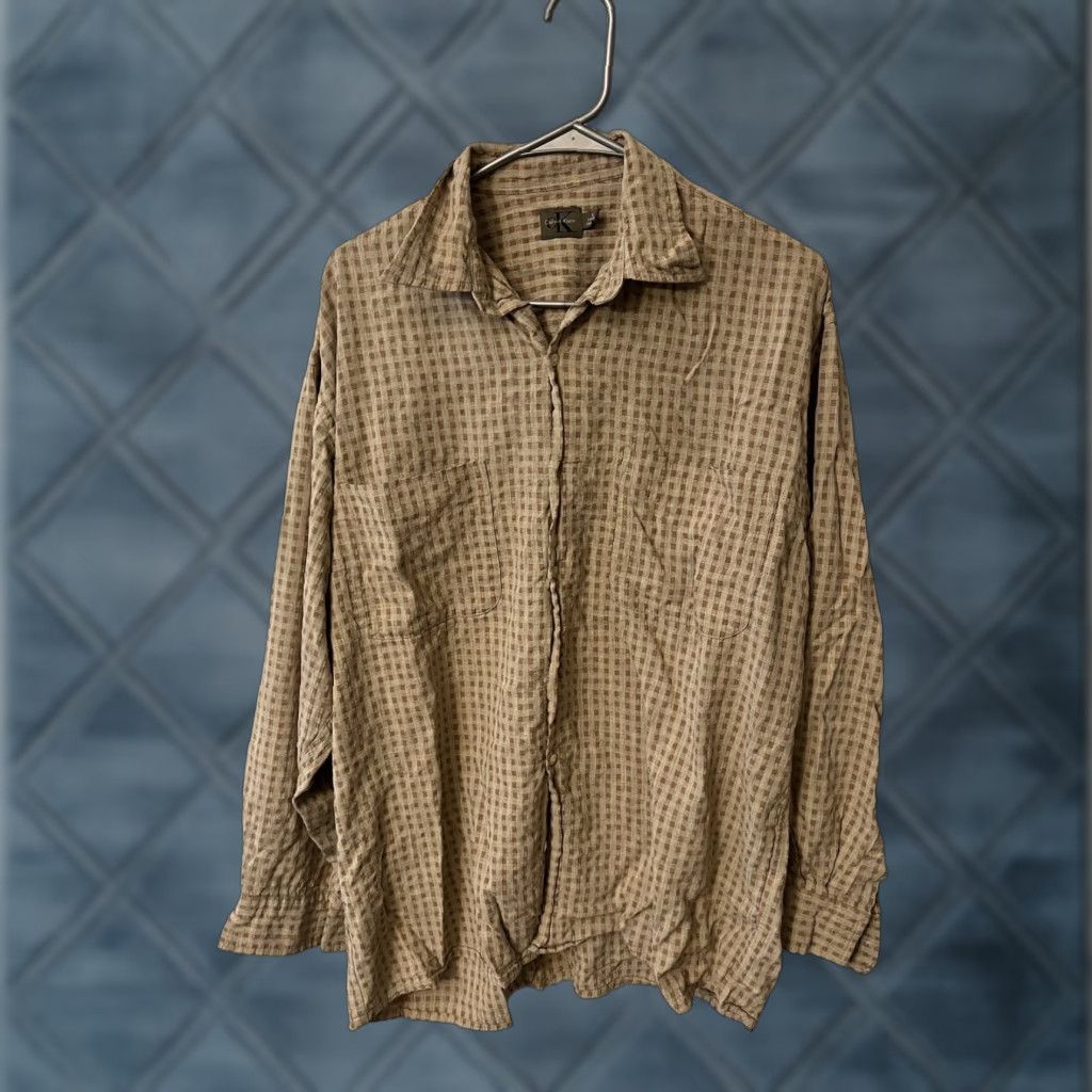 Calvin Klein Shirt Button-Up Adult Large Brown Linen Rayon Modern Fit Men