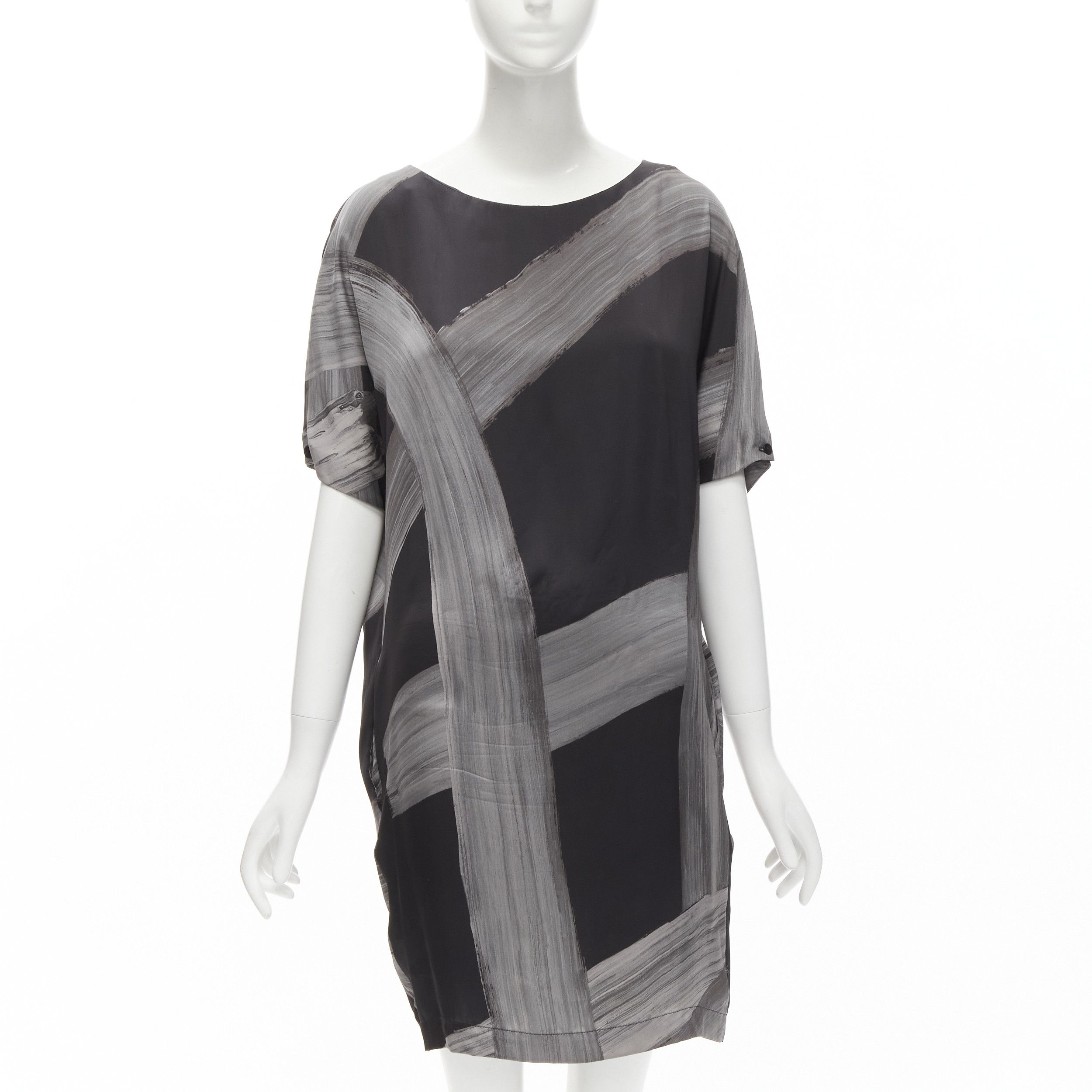 Stella McCartney STELLA MCCARTNEY 100% silk black grey brush stroke print bateau dress IT38 XS Size XS / US 0-2 / IT 36-38 - 1 Thumbnail