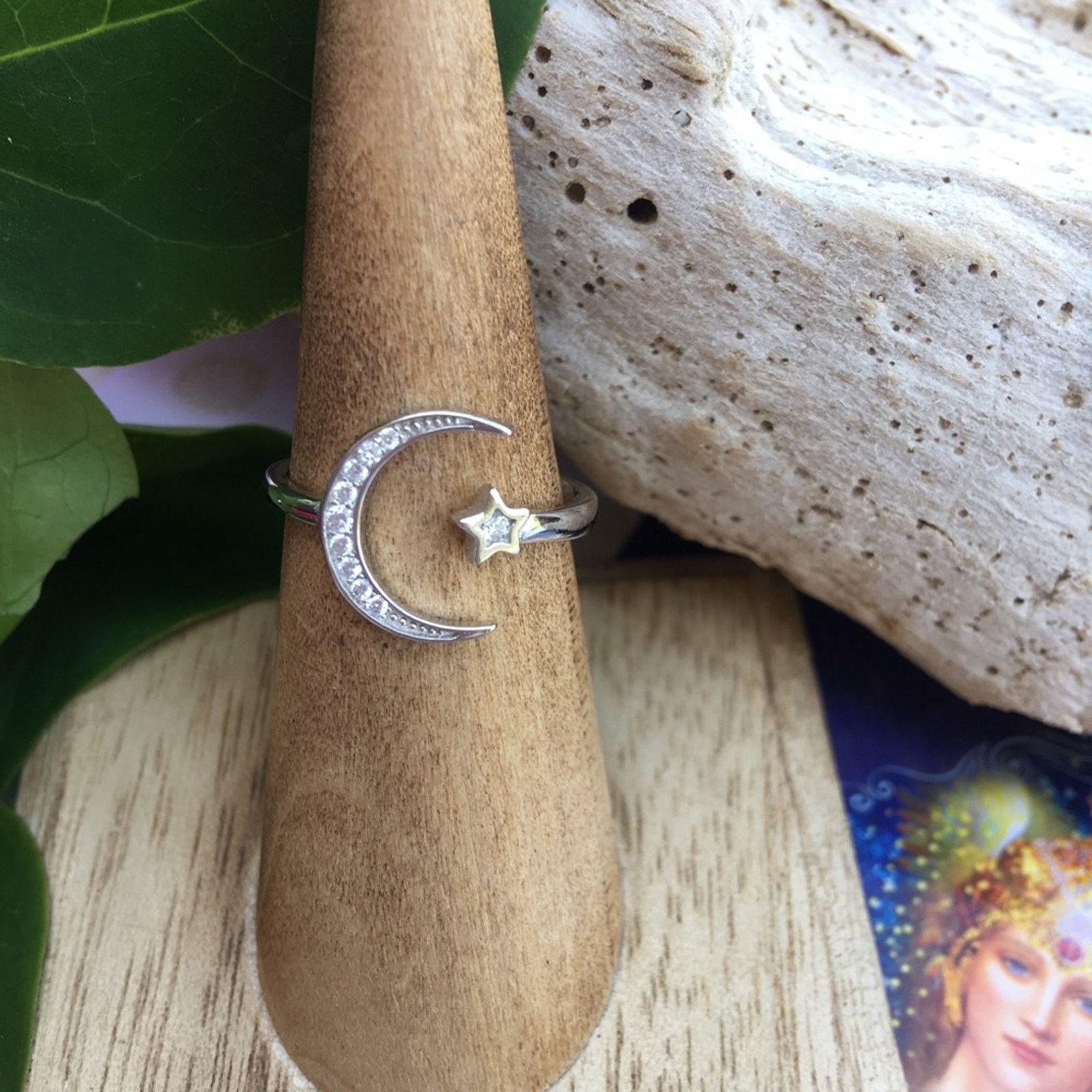 The Unbranded Brand Crescent Moon & Star Sterling Silver CZ Ring Size ONE SIZE - 4 Thumbnail