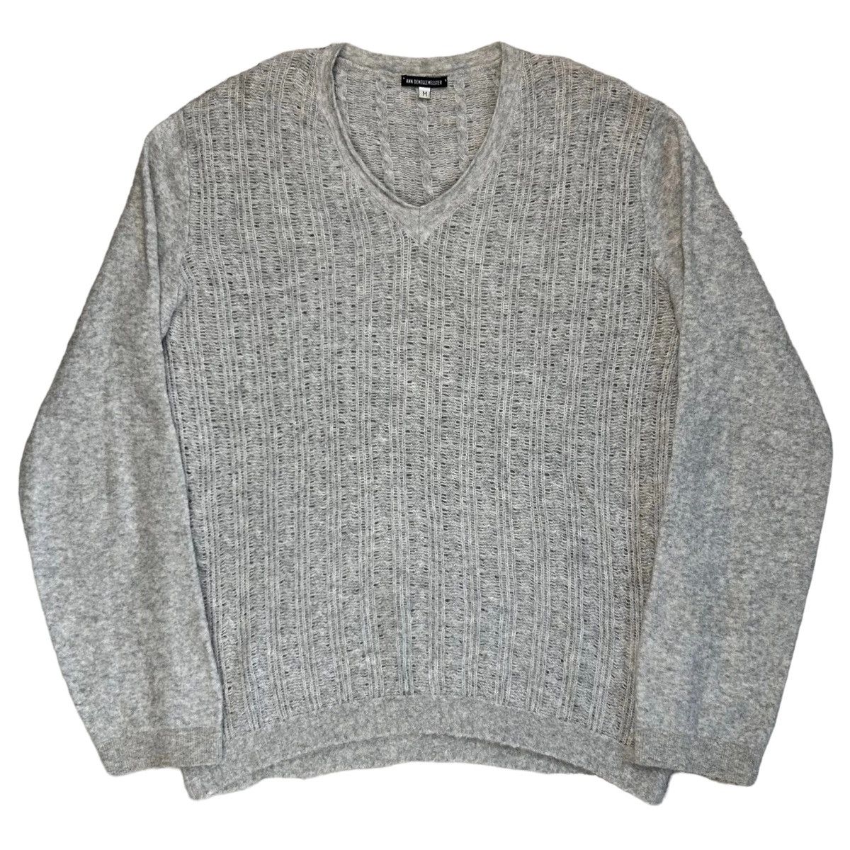 image of Ann Demeulemeester Reversed Cable Knit V-Neck Sweater in Light Grey, Men's (Size Medium)