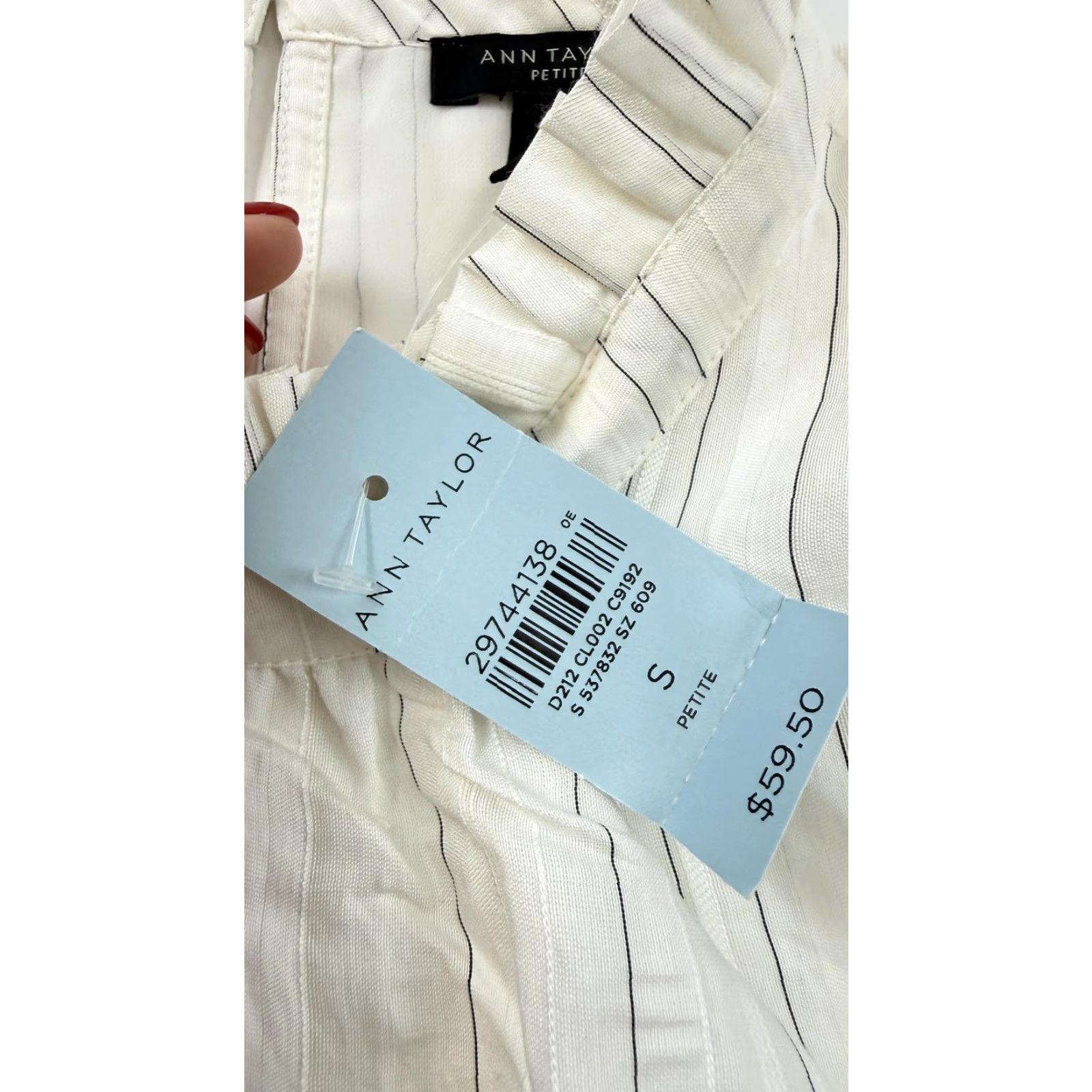 Ann Taylor Ann Taylor Blouse Womens Petite S White Striped Ruffle Mock Neck Sleeveless Size S / US 4 / IT 40 - 3 Thumbnail
